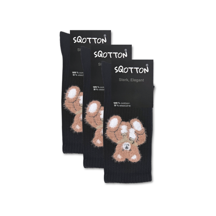 3 paar Katoenen damessokken Naadloze sokken Teddybeer Zwart