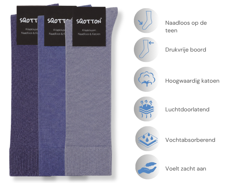 3 paar Katoenen kniekousen Naadloos Drukvrije boord Jeansblauw mix