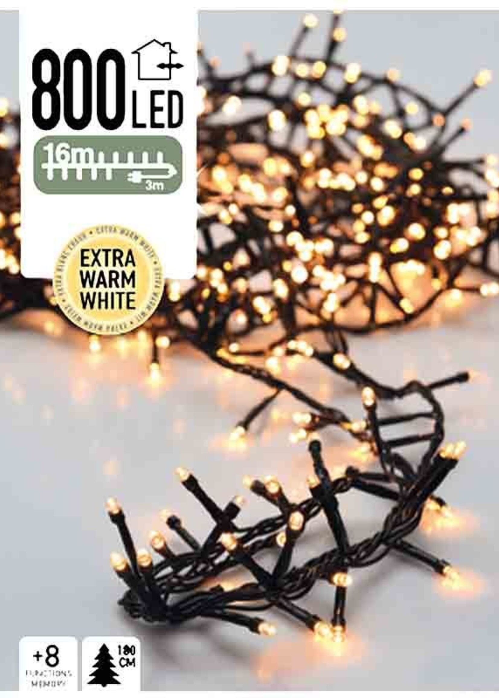 Micro Cluster 800 LED's  -16 meter - extra warm wit - 8 functies + geheugen