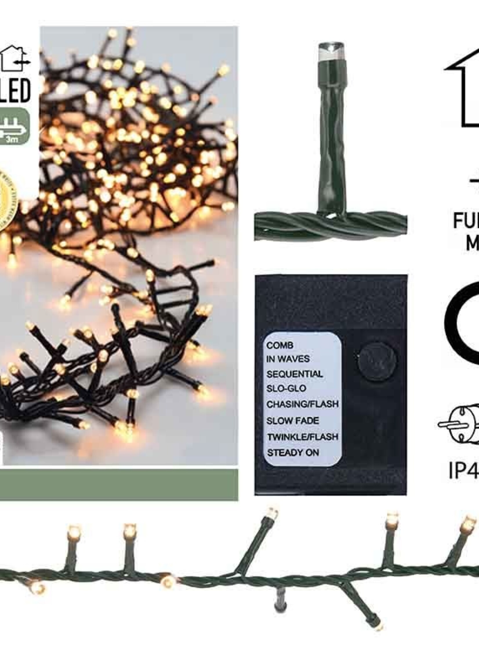 Micro Cluster 800 LED's  -16 meter - extra warm wit - 8 functies + geheugen