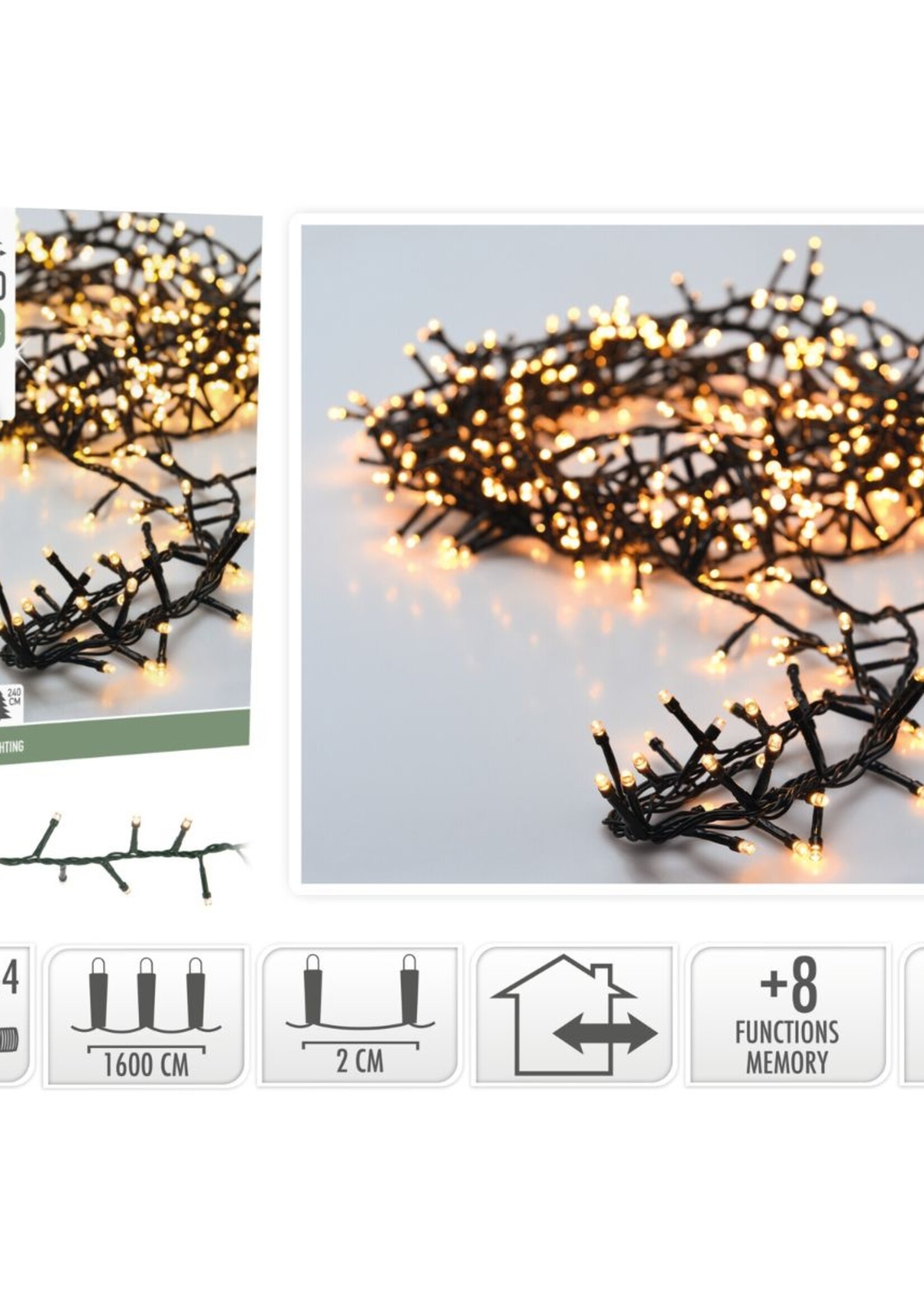 Microcluster - 800 led - 16m - warm wit - Timer - Lichtfuncties - Geheugen - Buiten