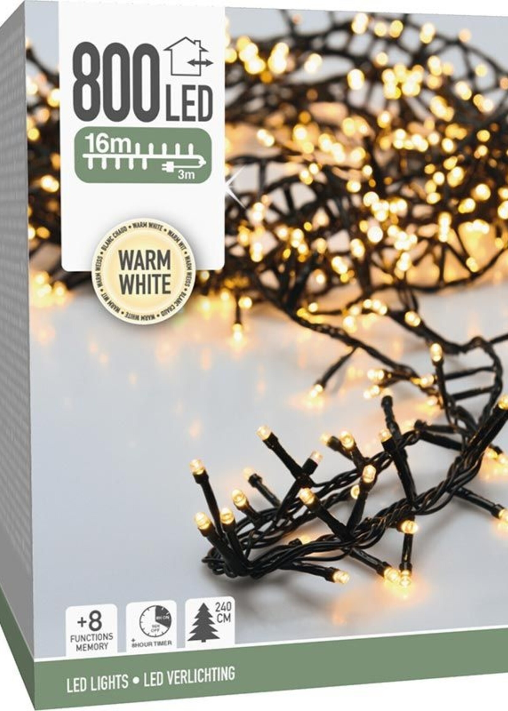 Microcluster - 800 led - 16m - warm wit - Timer - Lichtfuncties - Geheugen - Buiten