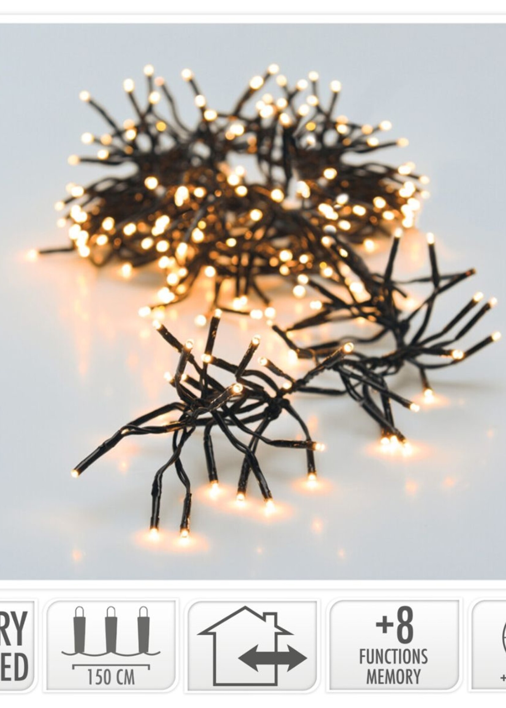 Clusterverlichting 192 led -  1.4m - warm wit - Batterij - Lichtfuncties - Geheugen - Timer