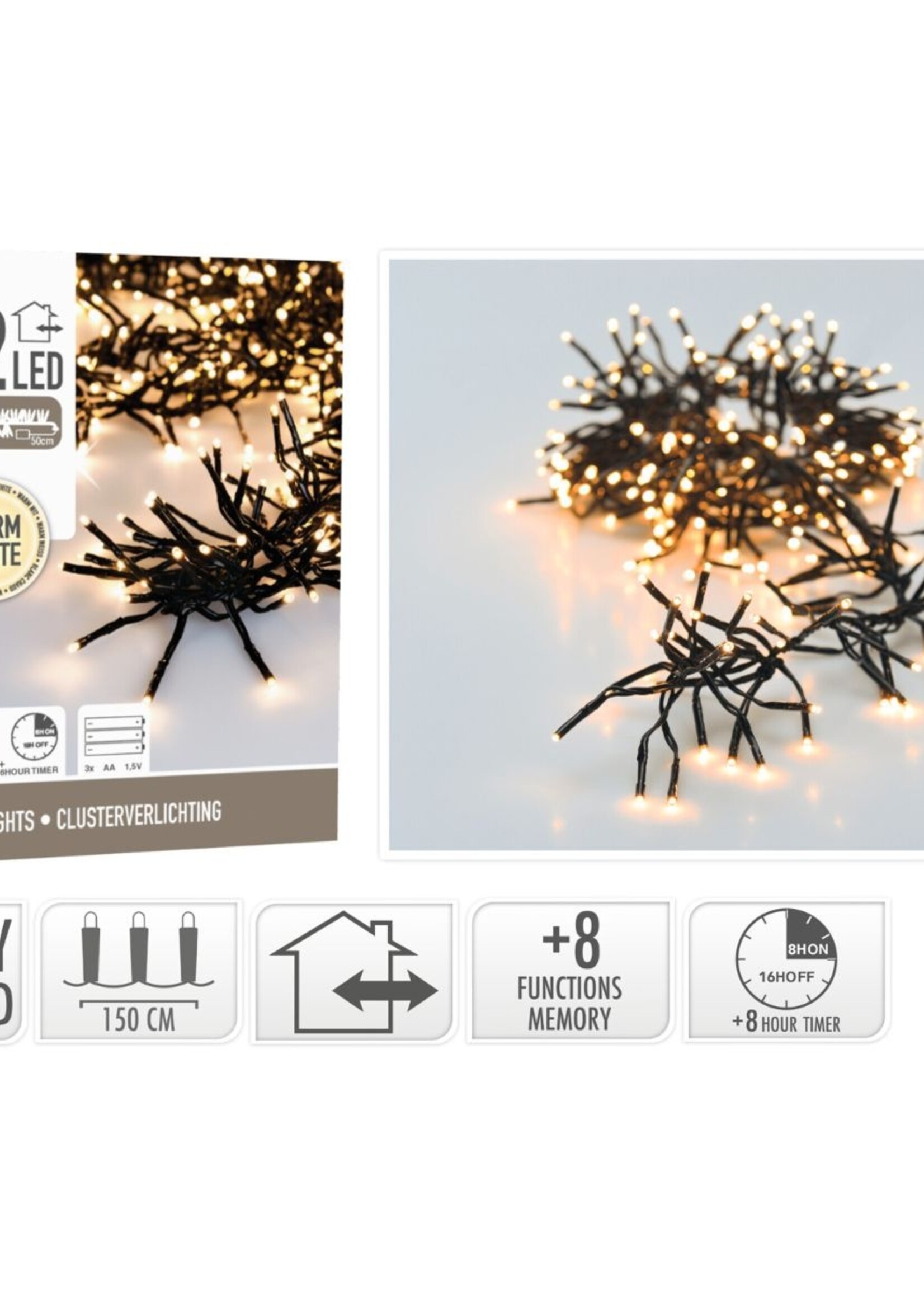 Clusterverlichting 192 led -  1.4m - warm wit - Batterij - Lichtfuncties - Geheugen - Timer