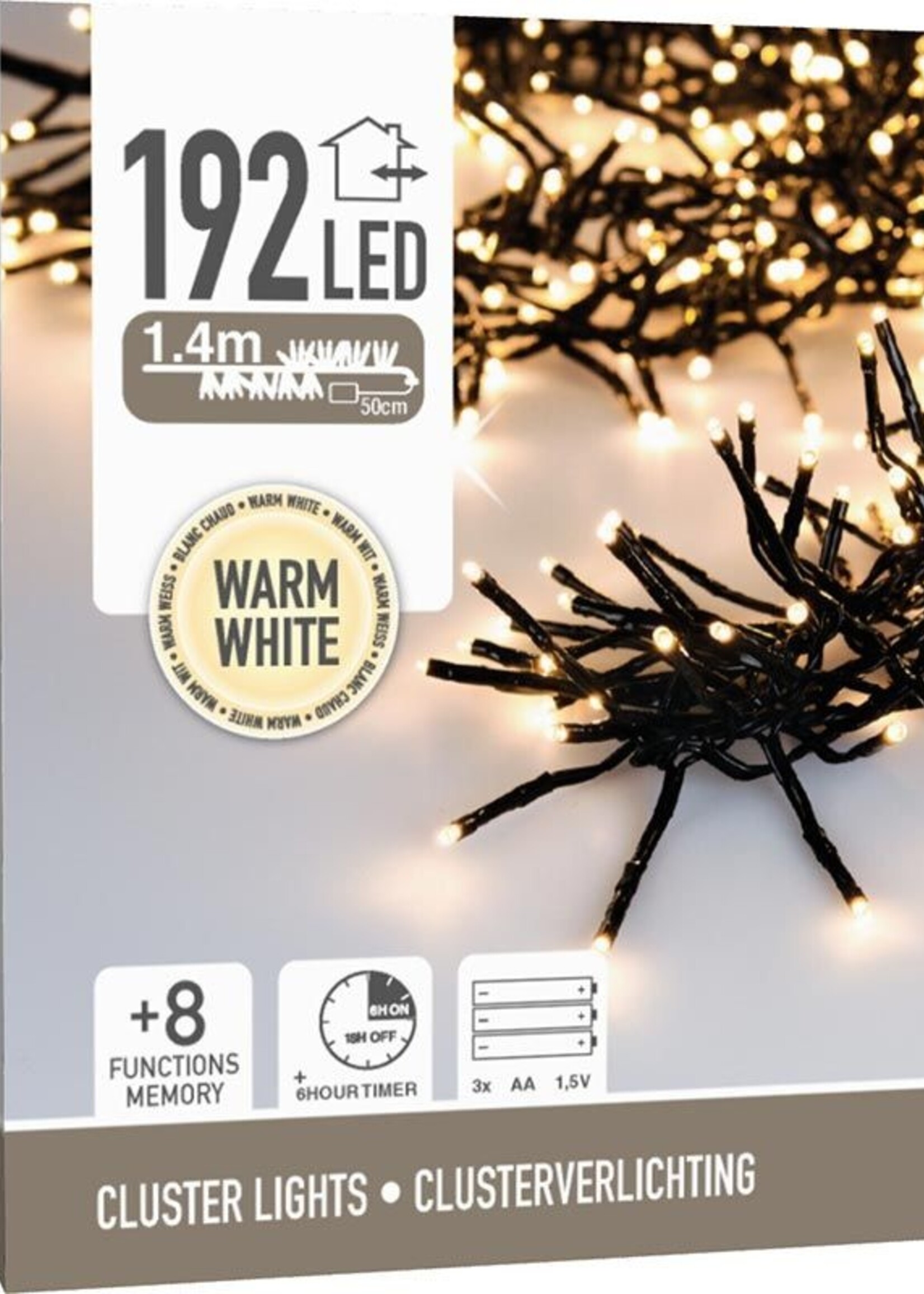 Clusterverlichting 192 led -  1.4m - warm wit - Batterij - Lichtfuncties - Geheugen - Timer