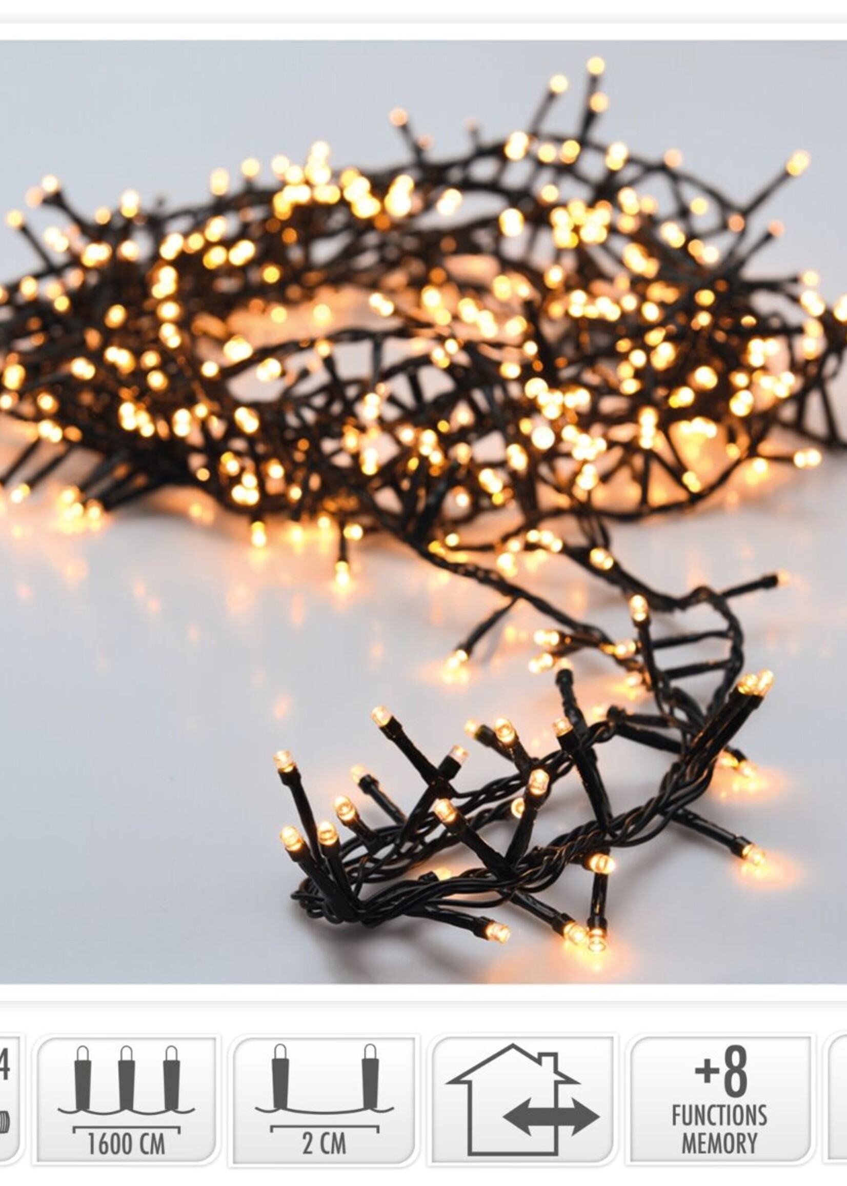 Microcluster - 800 led - 16m - extra warm wit - Timer - Lichtfuncties - Geheugen - Buiten