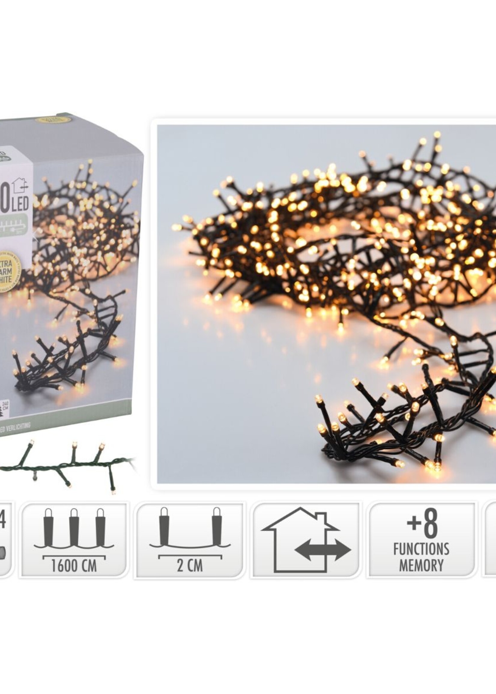 Microcluster - 800 led - 16m - extra warm wit - Timer - Lichtfuncties - Geheugen - Buiten