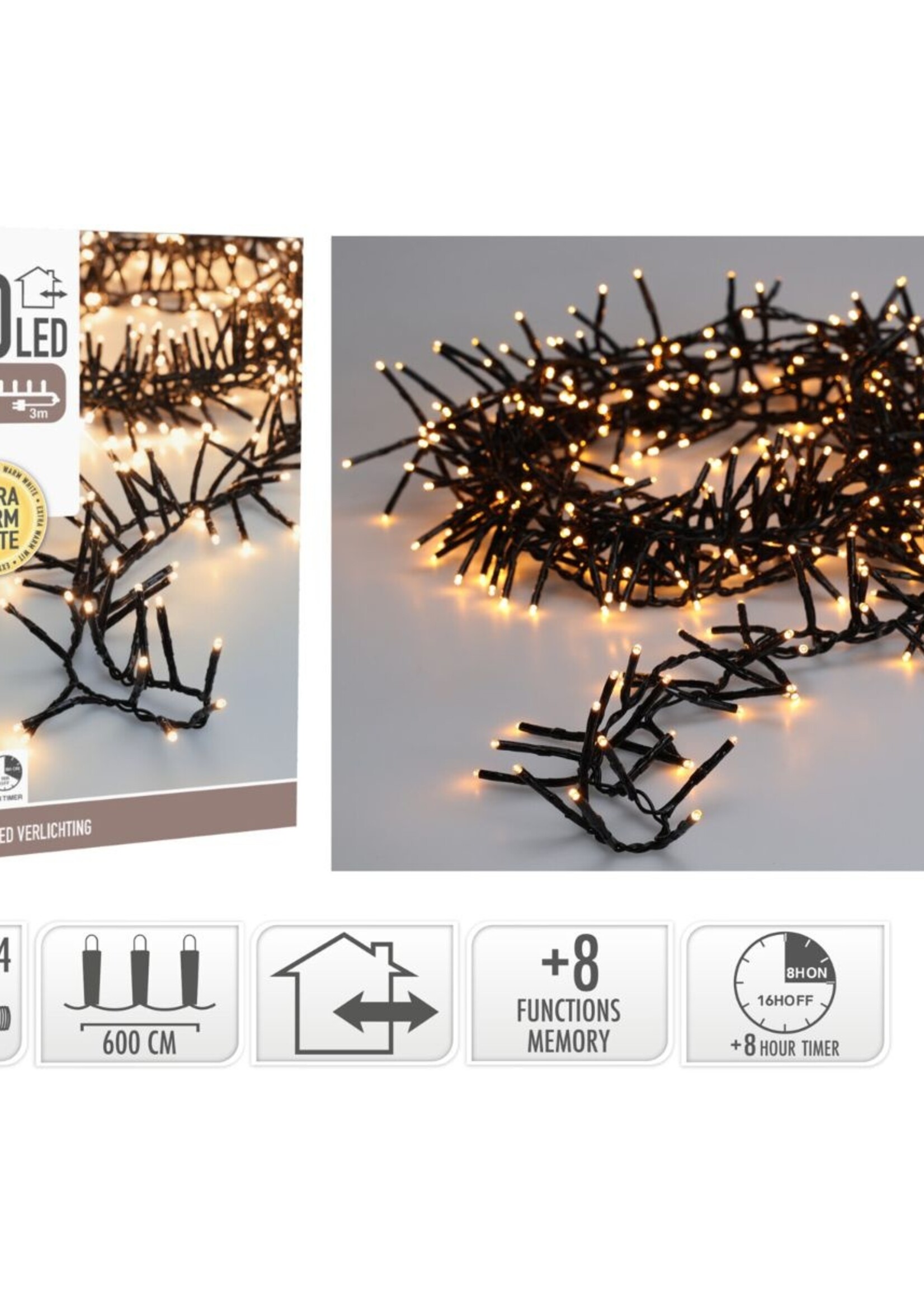 Maxi Cluster Kerstverlichting - 400 led - 6m - extra warm wit - Timer - Lichtfuncties - Geheugen - Buiten