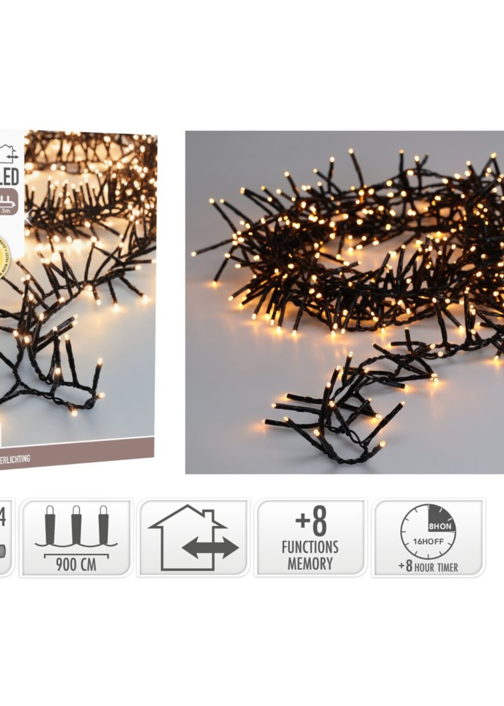 Maxi Cluster Kerstverlichting - 600 led - 9m - extra warm wit - Timer - Lichtfuncties - Geheugen - Buiten
