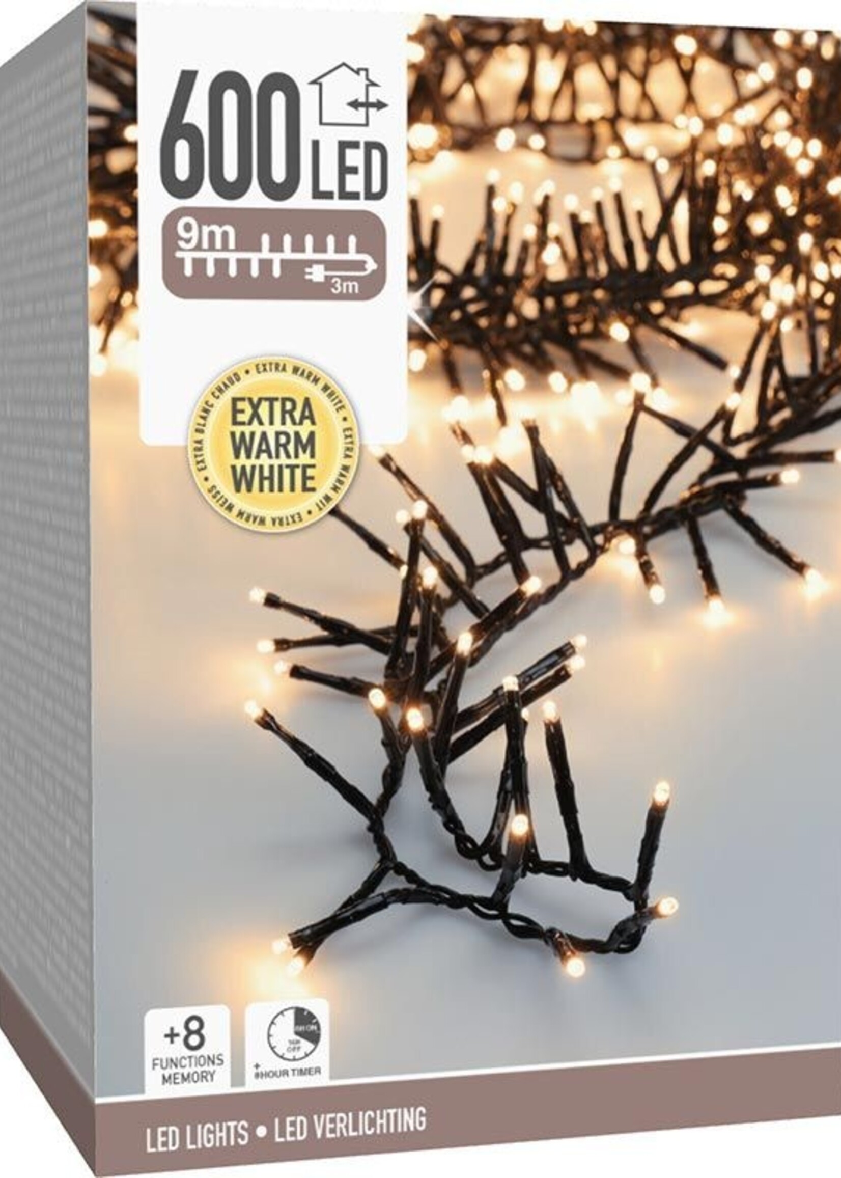 Maxi Cluster Kerstverlichting - 600 led - 9m - extra warm wit - Timer - Lichtfuncties - Geheugen - Buiten