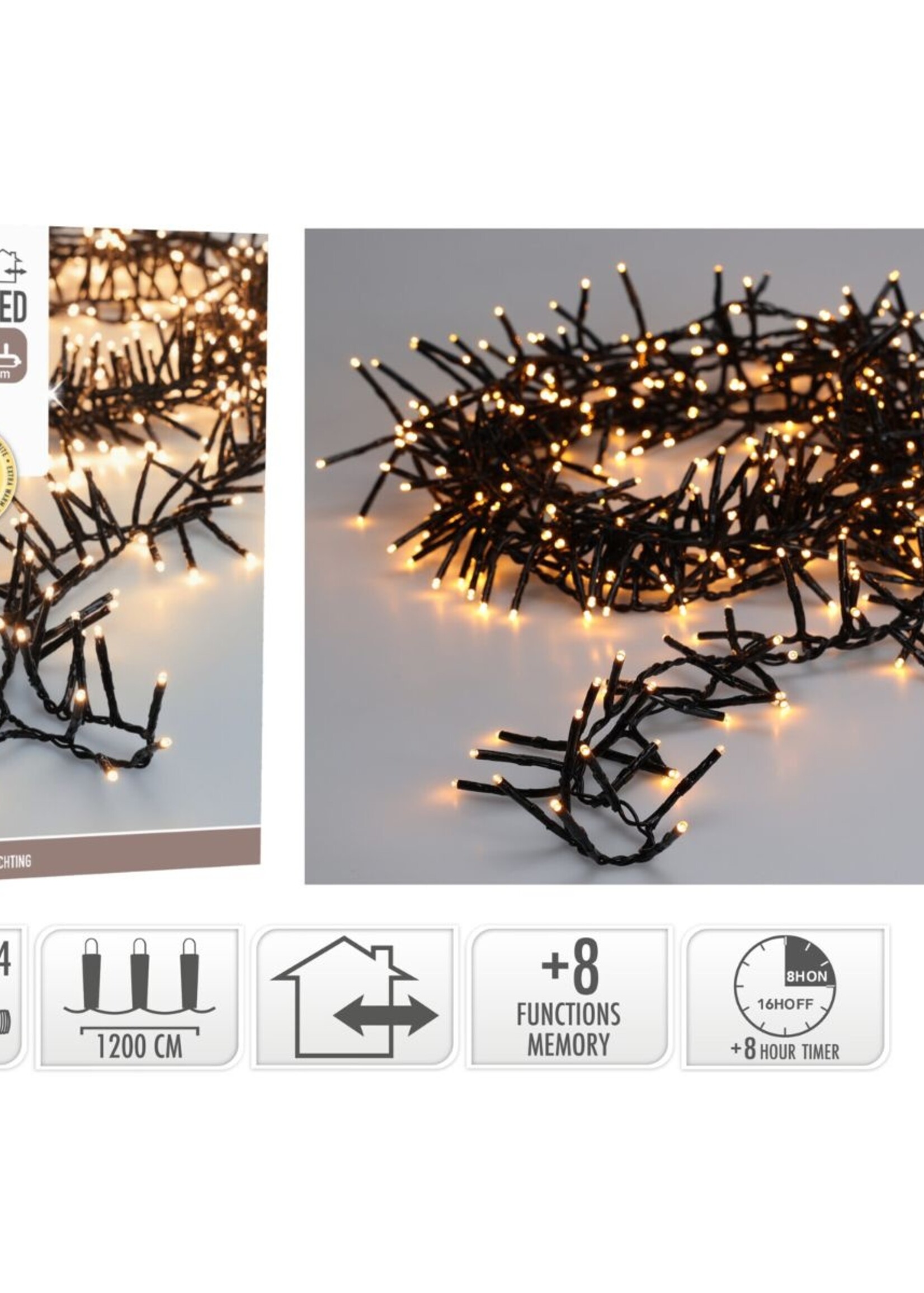Maxi Cluster Kerstverlichting - 800 led - 12m - extra warm wit - Timer - Lichtfuncties - Geheugen - Buiten