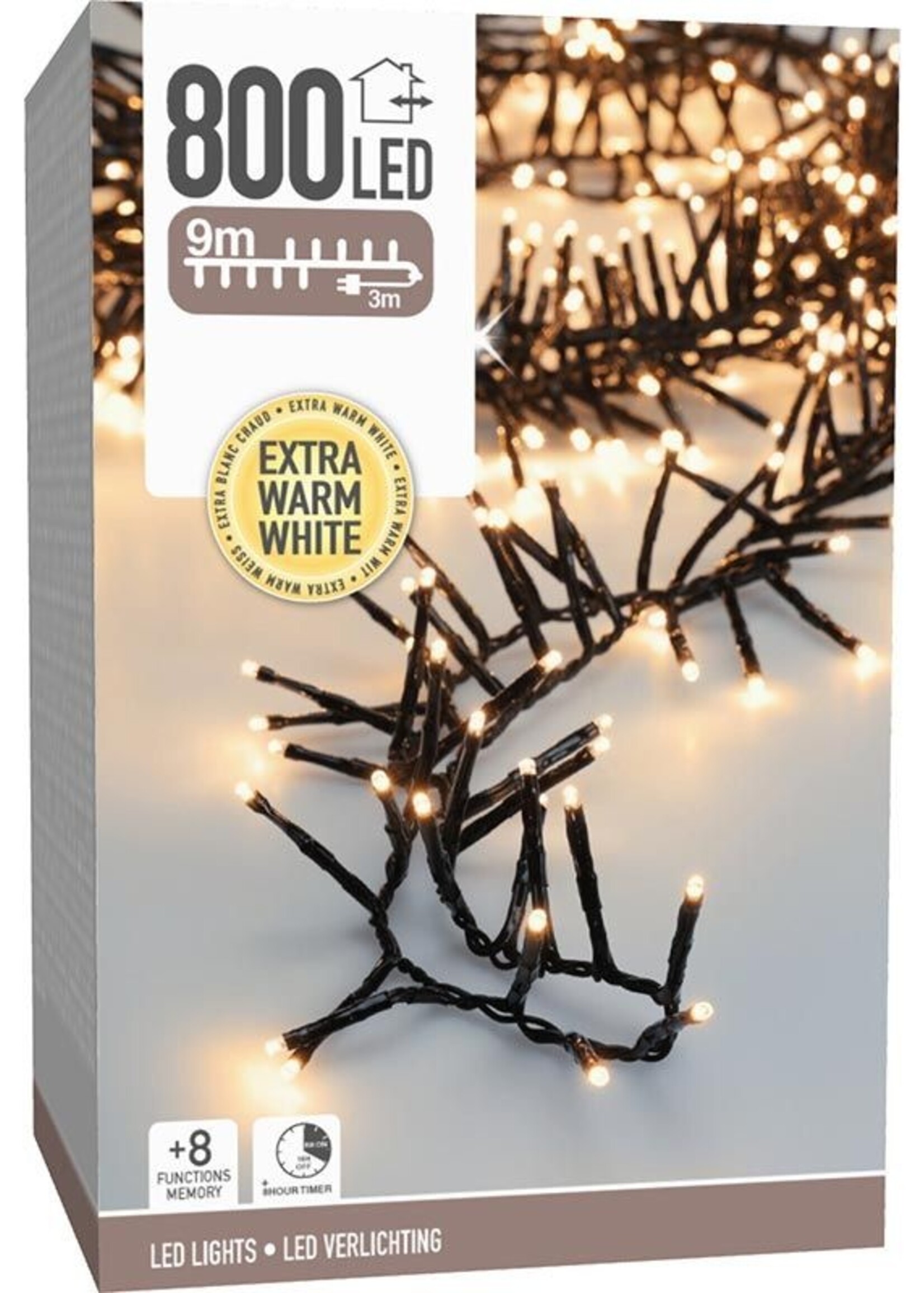 Maxi Cluster Kerstverlichting - 800 led - 12m - extra warm wit - Timer - Lichtfuncties - Geheugen - Buiten