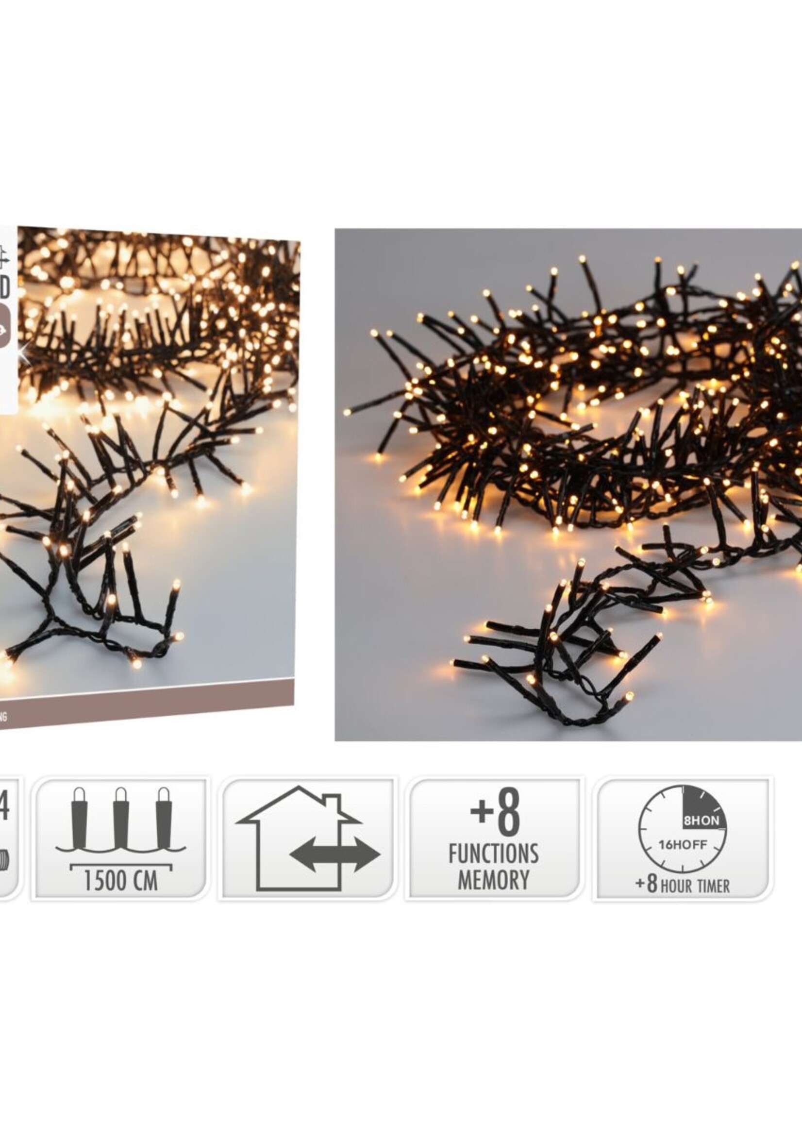 Maxi Cluster Kerstverlichting - 1000 led - 15m - extra warm wit - Timer - Lichtfuncties - Geheugen - Buiten
