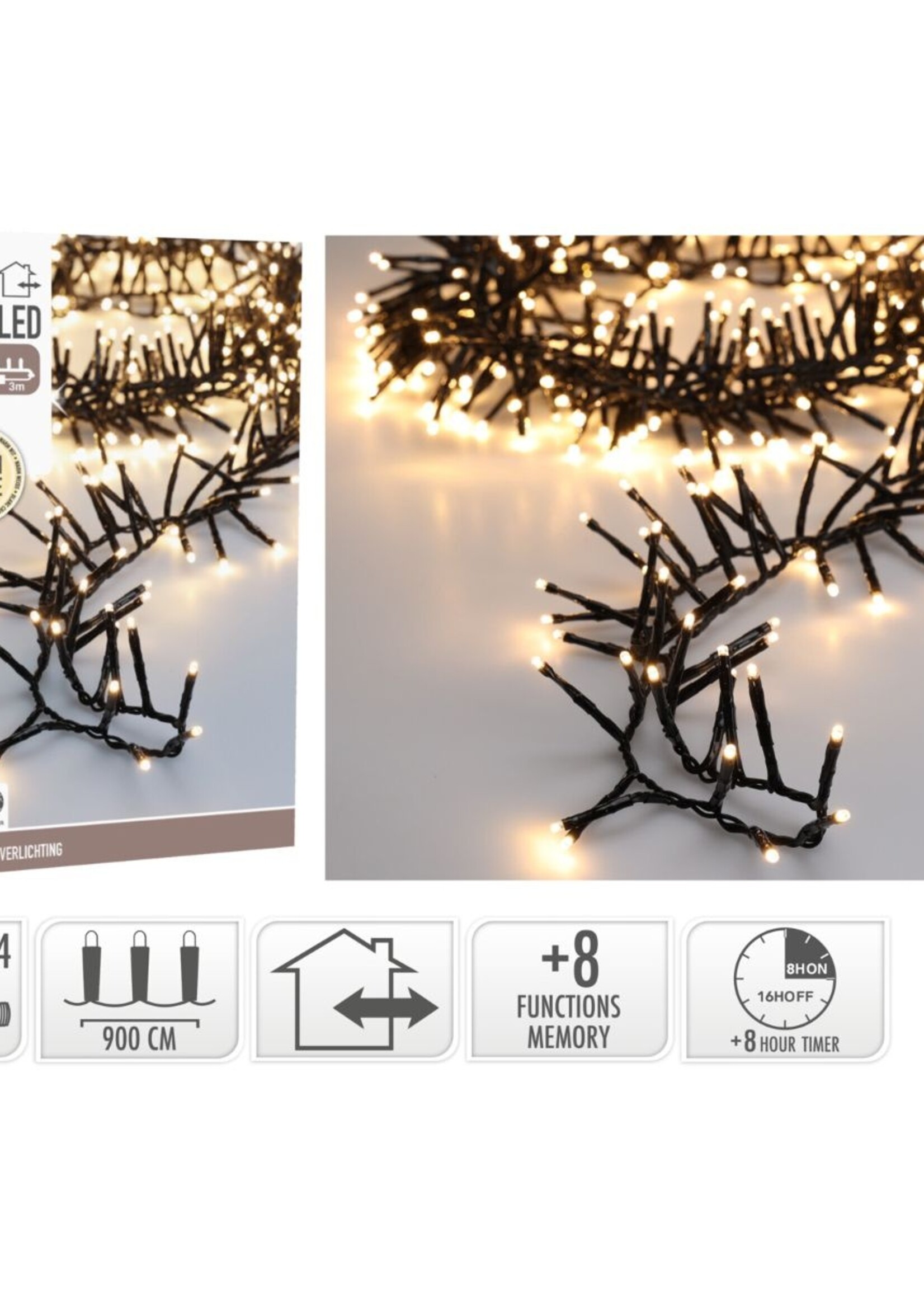 Maxi Cluster Kerstverlichting - 600 led - 9m - warm wit - Timer - Lichtfuncties - Geheugen - Buiten