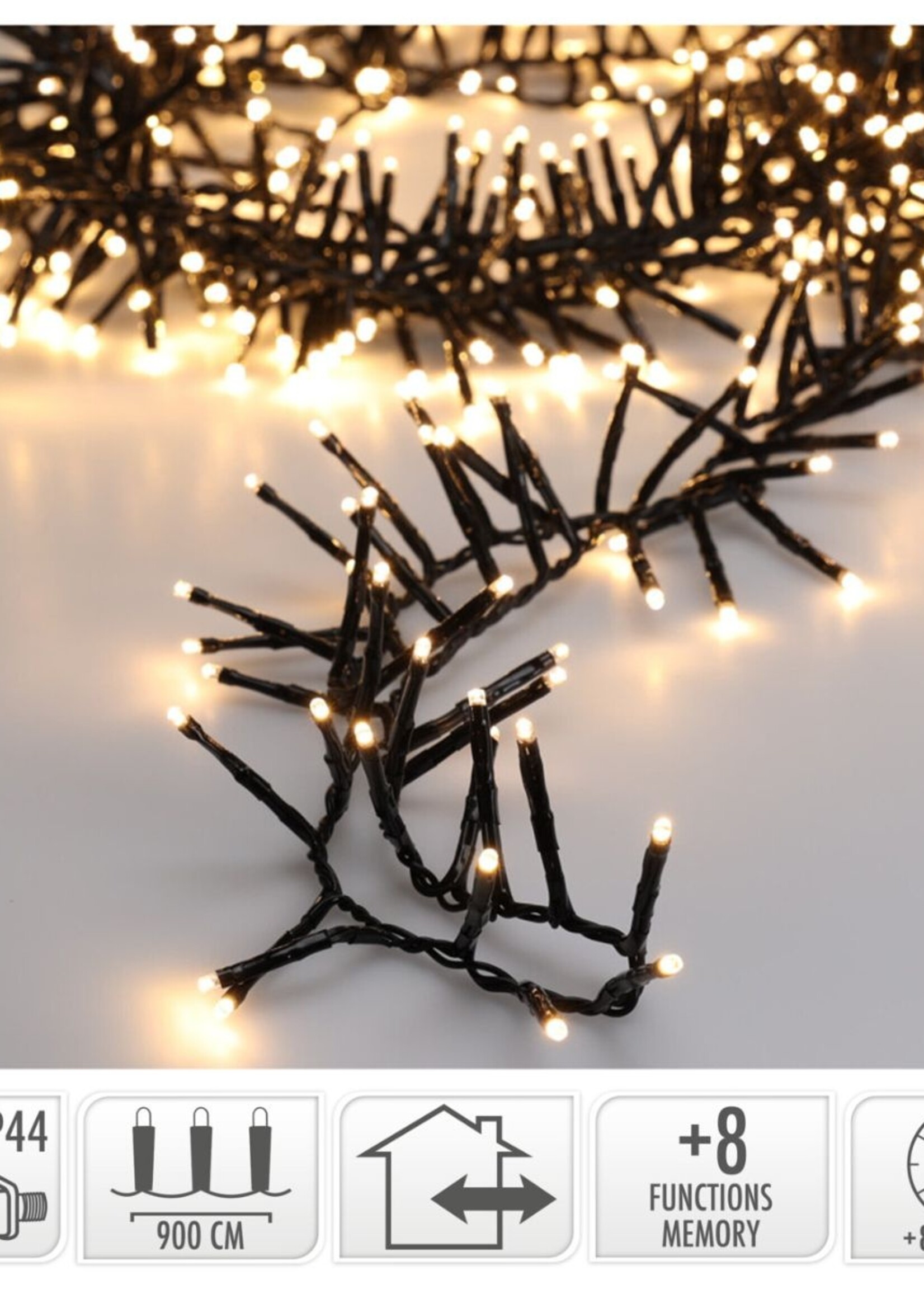 Maxi Cluster Kerstverlichting - 600 led - 9m - warm wit - Timer - Lichtfuncties - Geheugen - Buiten