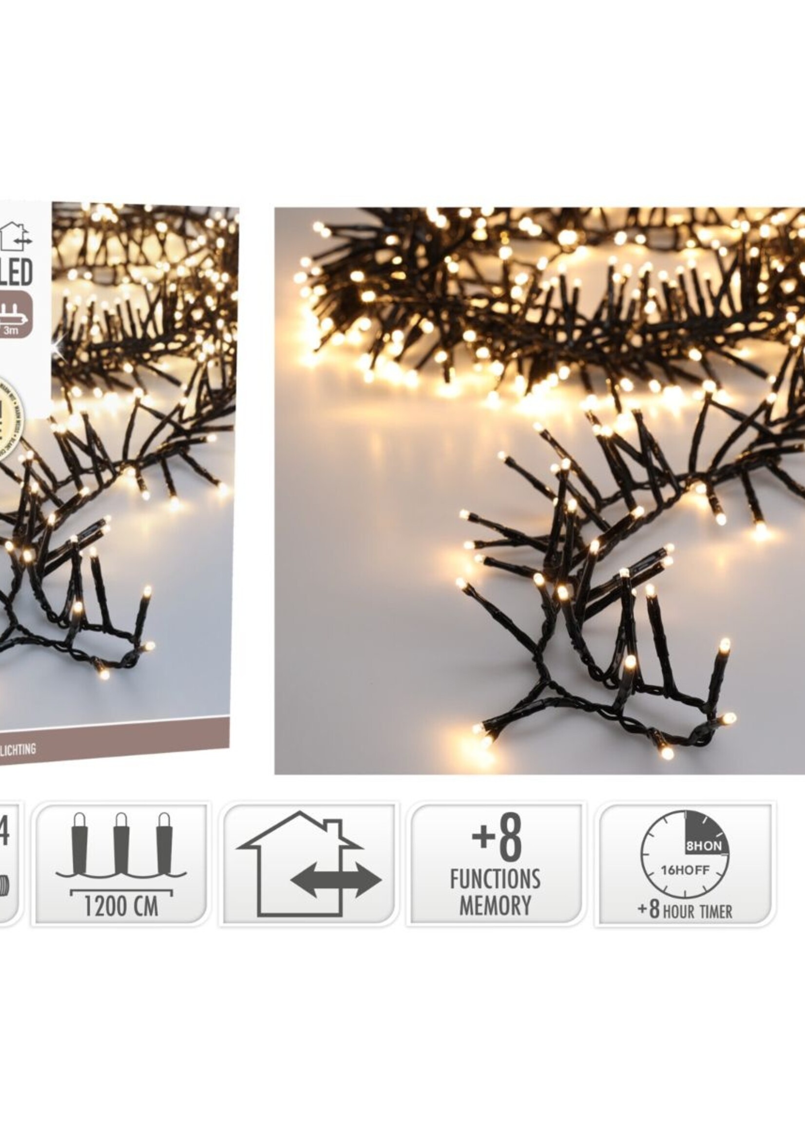 Maxi Cluster Kerstverlichting - 800 led - 12m - warm wit - Timer - Lichtfuncties - Geheugen - Buiten