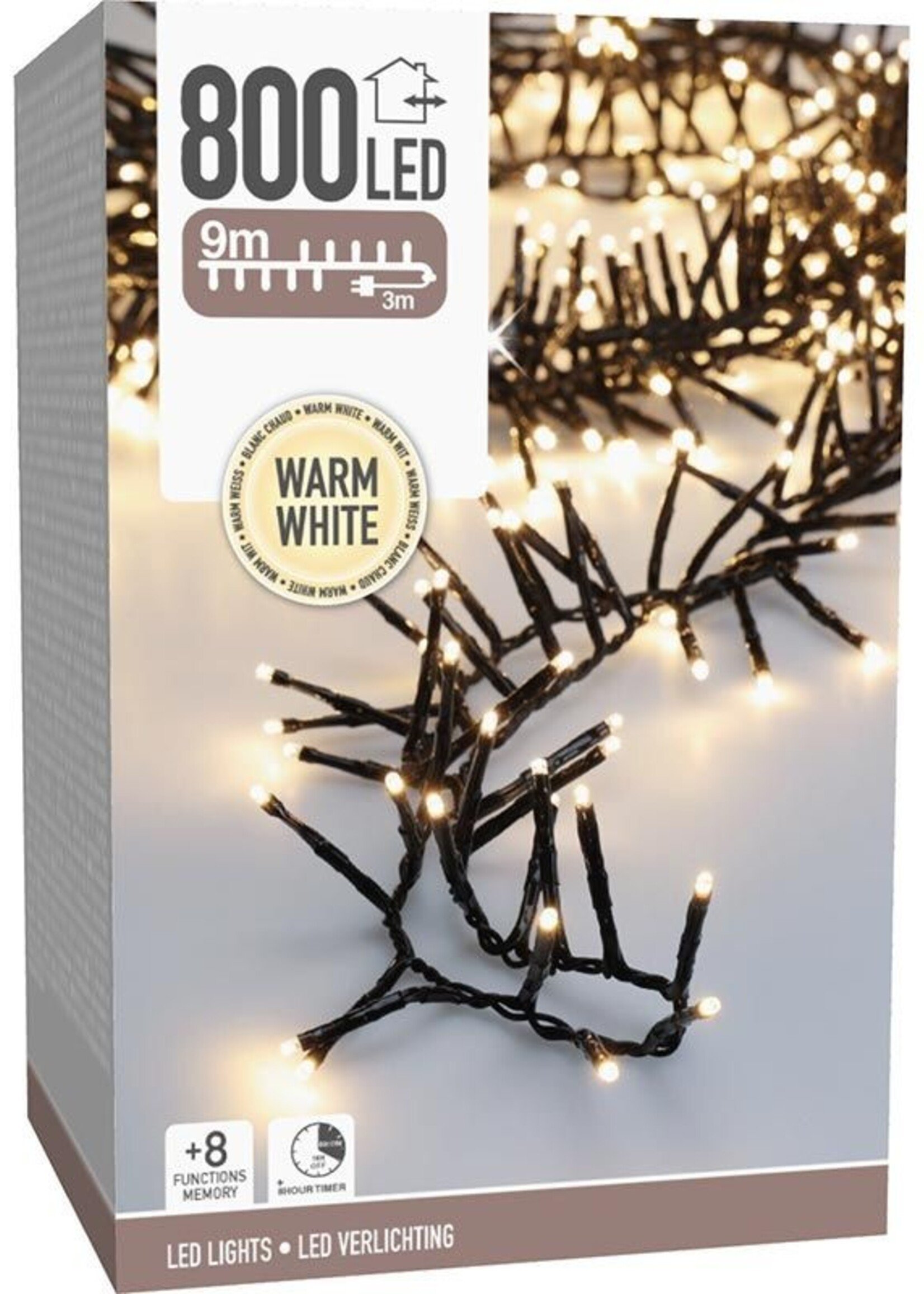 Maxi Cluster Kerstverlichting - 800 led - 12m - warm wit - Timer - Lichtfuncties - Geheugen - Buiten