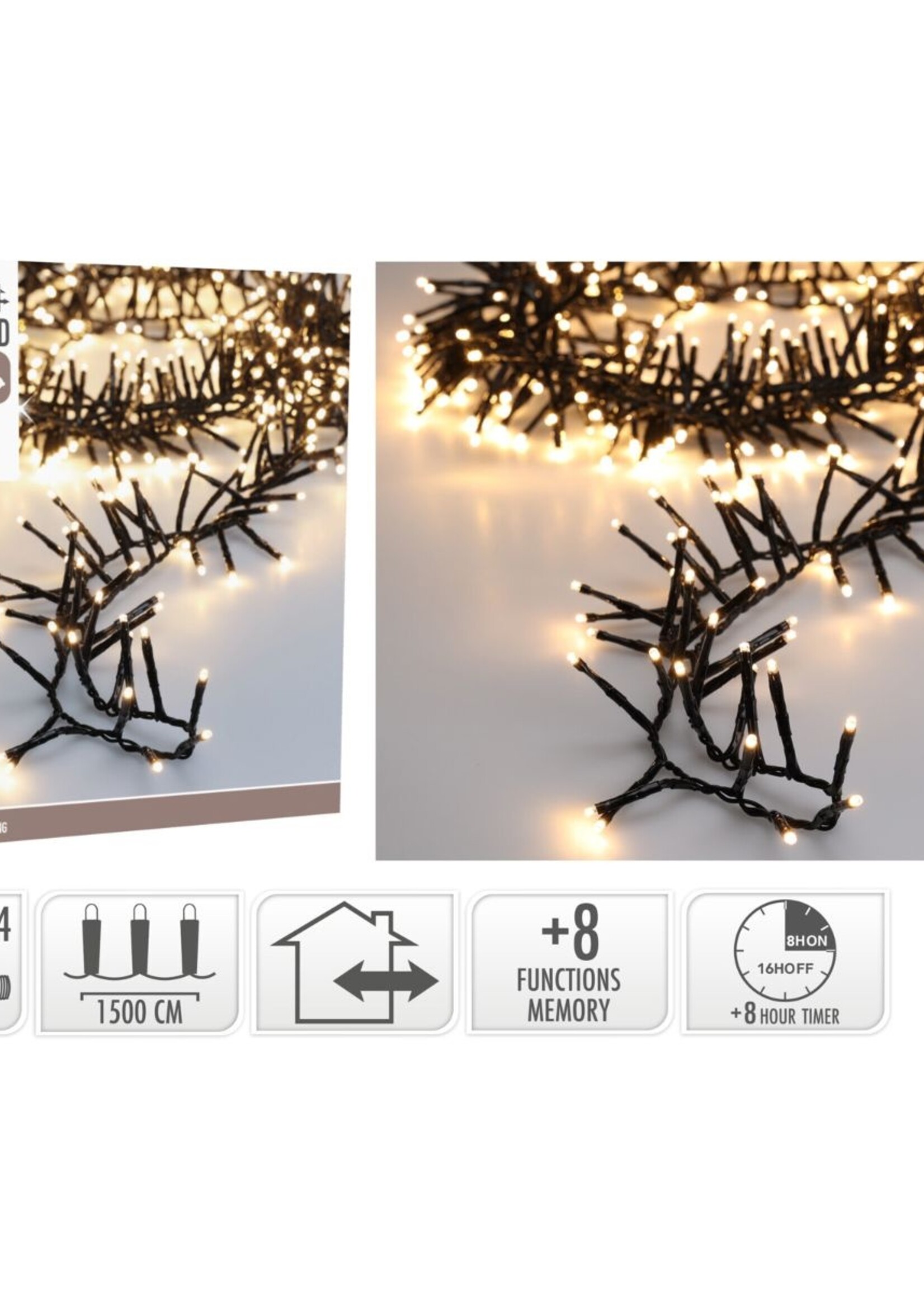 Maxi Cluster Kerstverlichting - 1000 led - 15m - warm wit - Timer - Lichtfuncties - Geheugen - Buiten