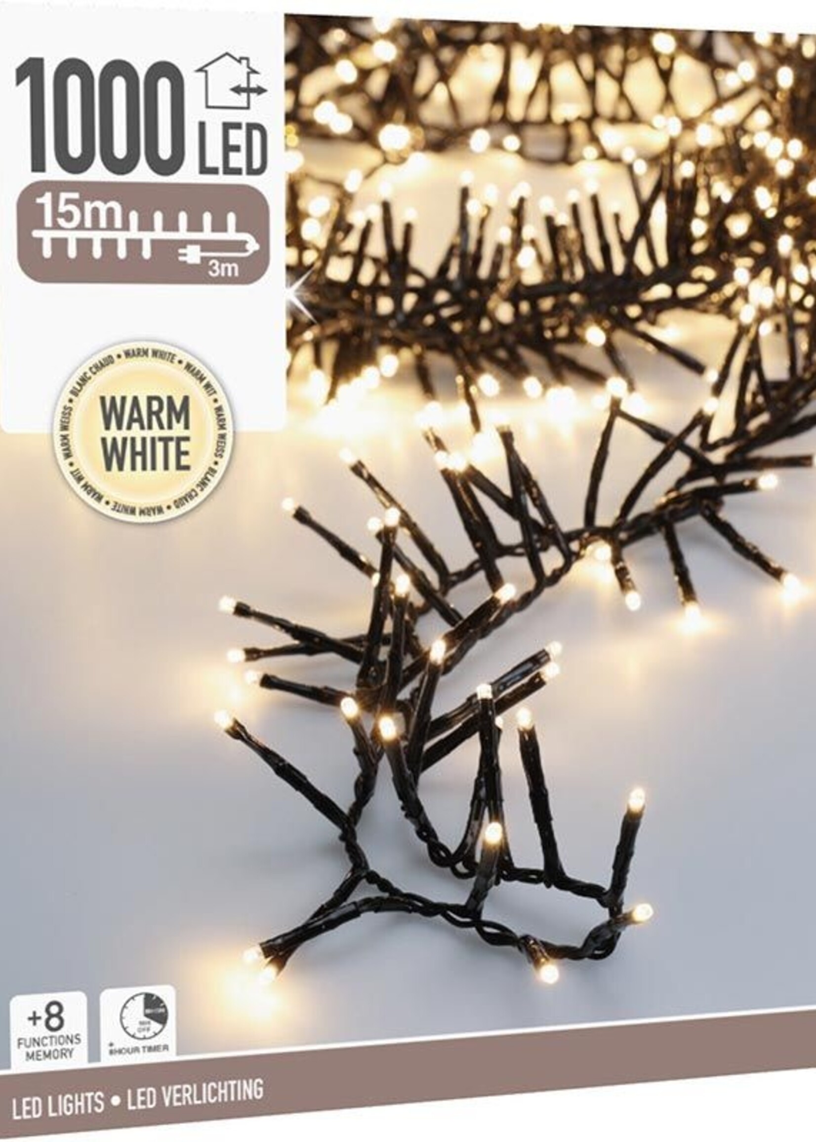 Maxi Cluster Kerstverlichting - 1000 led - 15m - warm wit - Timer - Lichtfuncties - Geheugen - Buiten