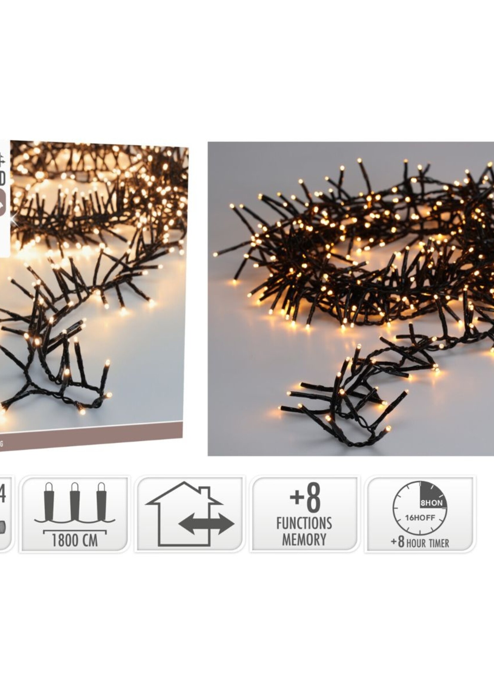 Maxi Cluster Kerstverlichting - 1200 led - 18m - extra warm wit - Timer - Lichtfuncties - Geheugen - Buiten