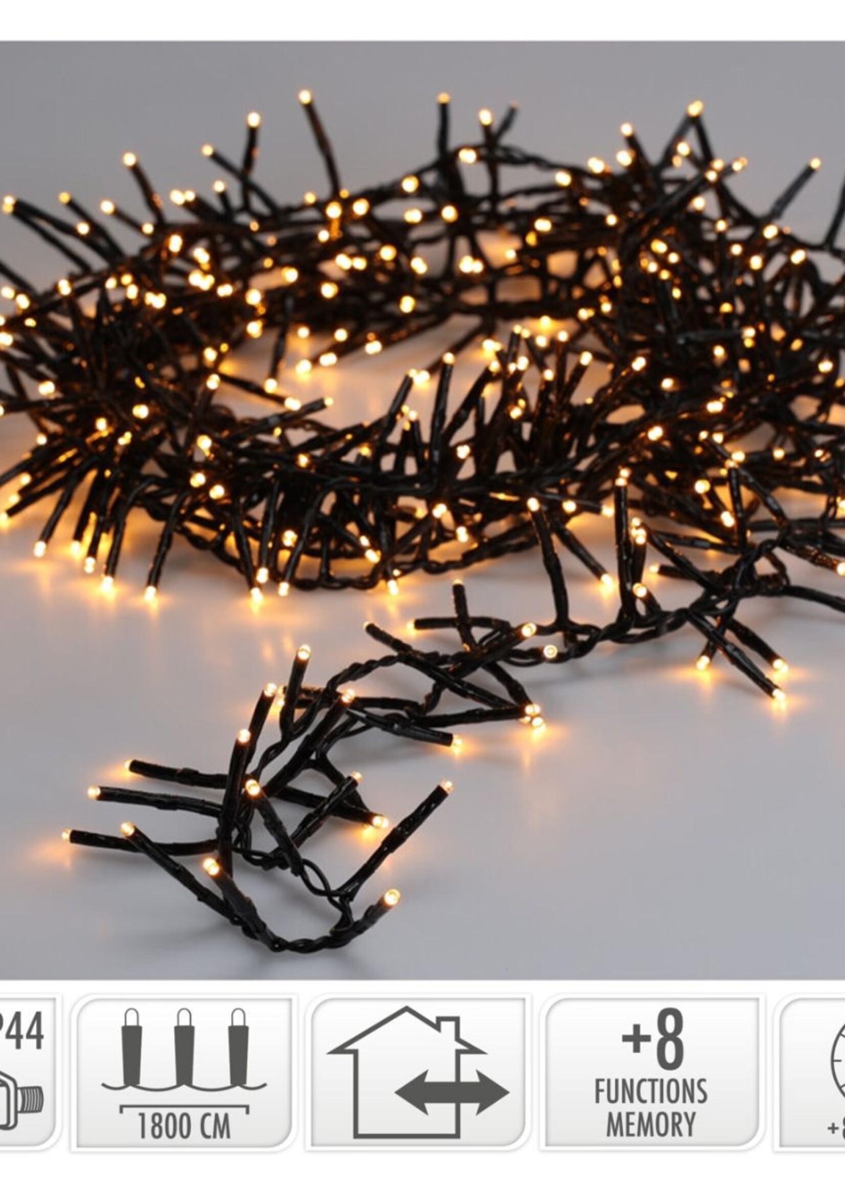 Maxi Cluster Kerstverlichting - 1200 led - 18m - extra warm wit - Timer - Lichtfuncties - Geheugen - Buiten