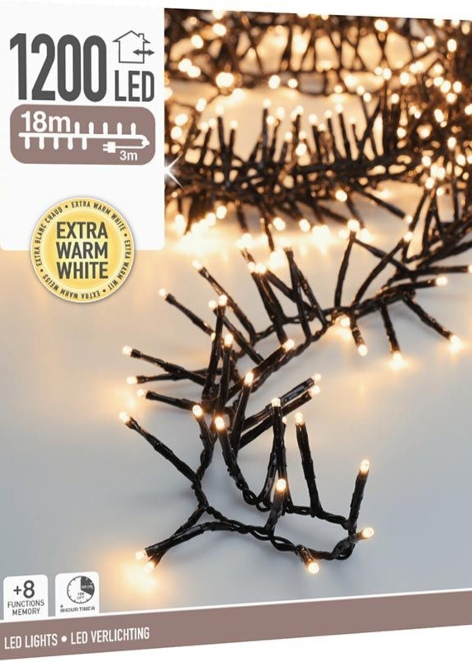 Maxi Cluster Kerstverlichting - 1200 led - 18m - extra warm wit - Timer - Lichtfuncties - Geheugen - Buiten
