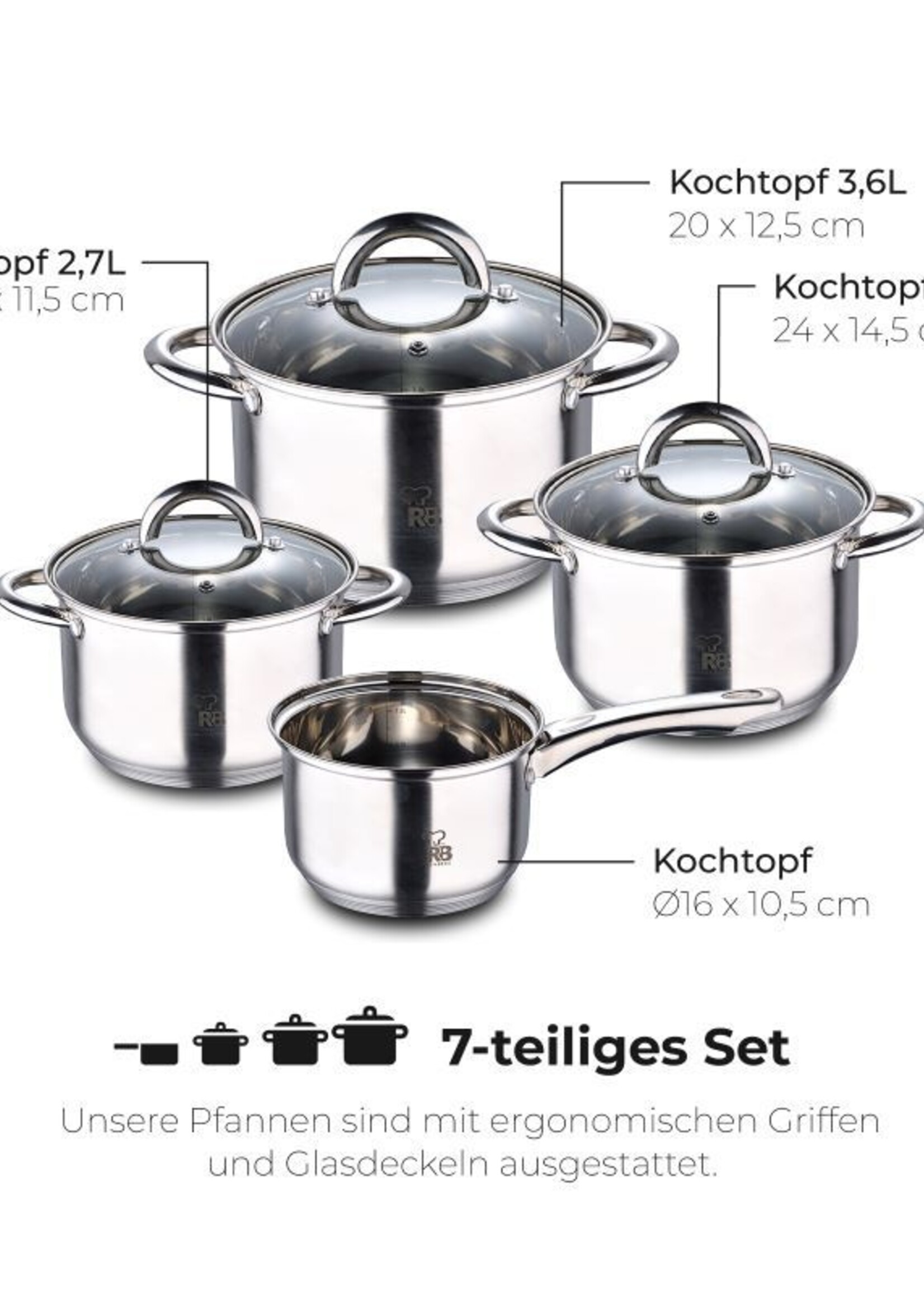 Renberg Alexander Pannenset RVS - Inductie - 7 delig - 4  Kookpannen Ø 16 - 18 - 20 - 24 cm + 3 Deksels