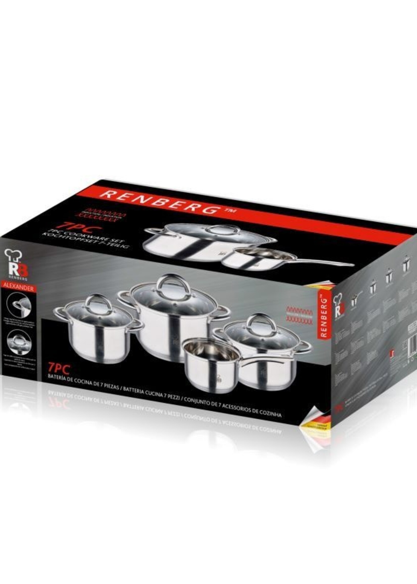 Renberg Alexander Pannenset RVS - Inductie - 7 delig - 4  Kookpannen Ø 16 - 18 - 20 - 24 cm + 3 Deksels
