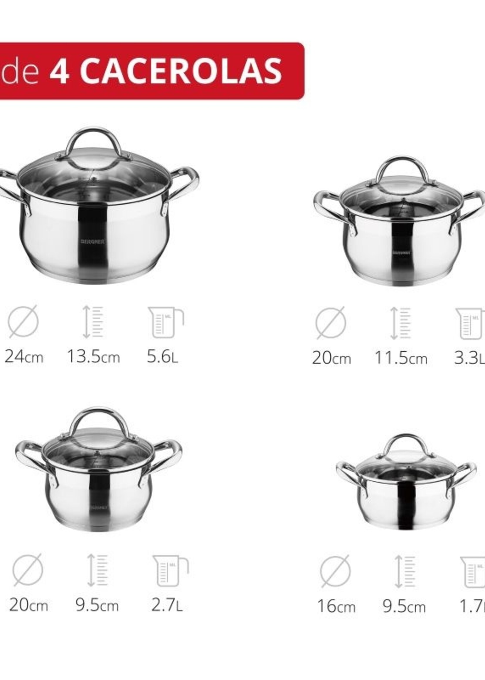 Bergner RVS Pannenset Gourmet - 4 Kookpannen met Deksels - Inductie