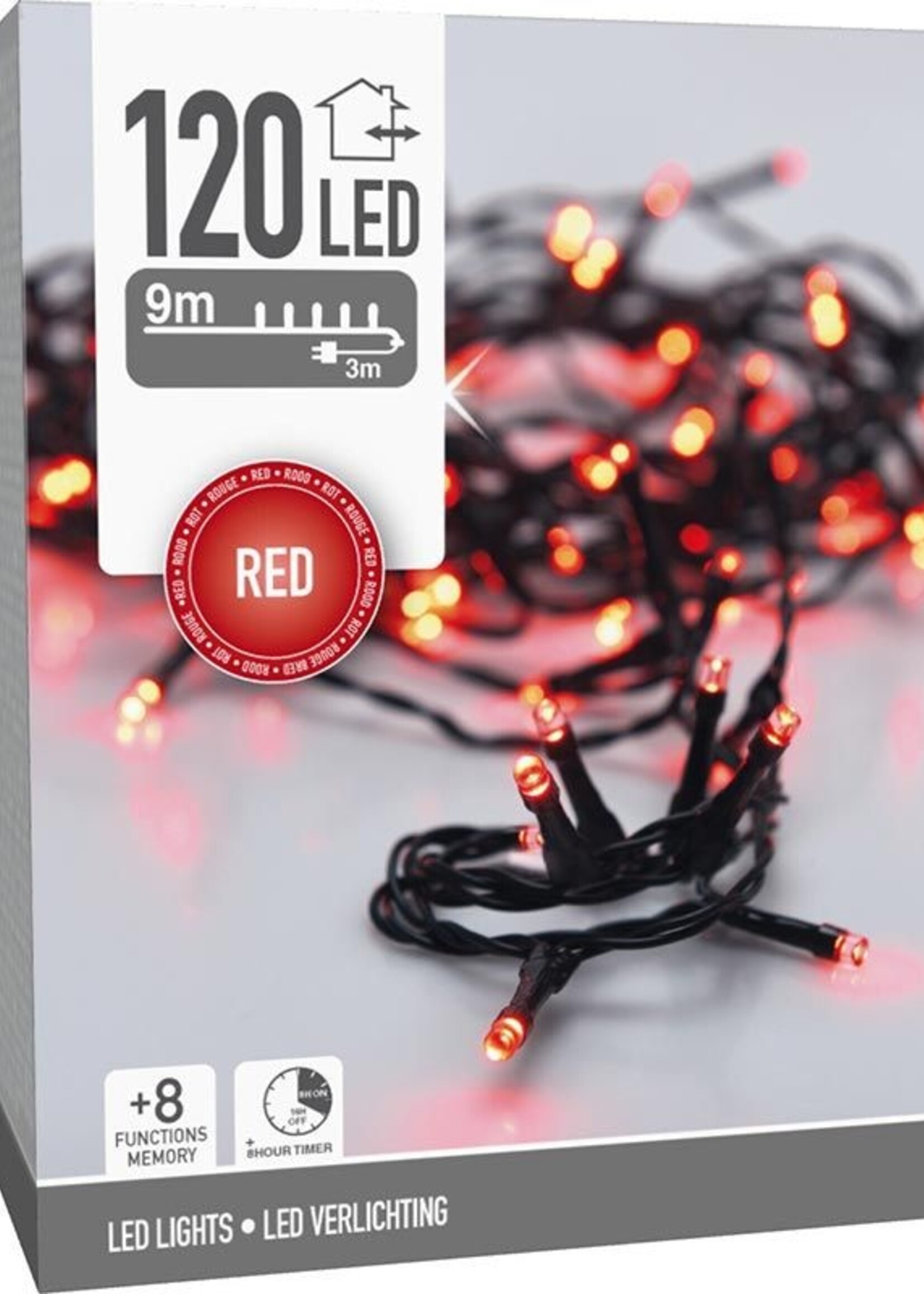 Kerstverlichting 120 led- 9m - rood - Timer - Lichtfuncties - Geheugen - Buiten