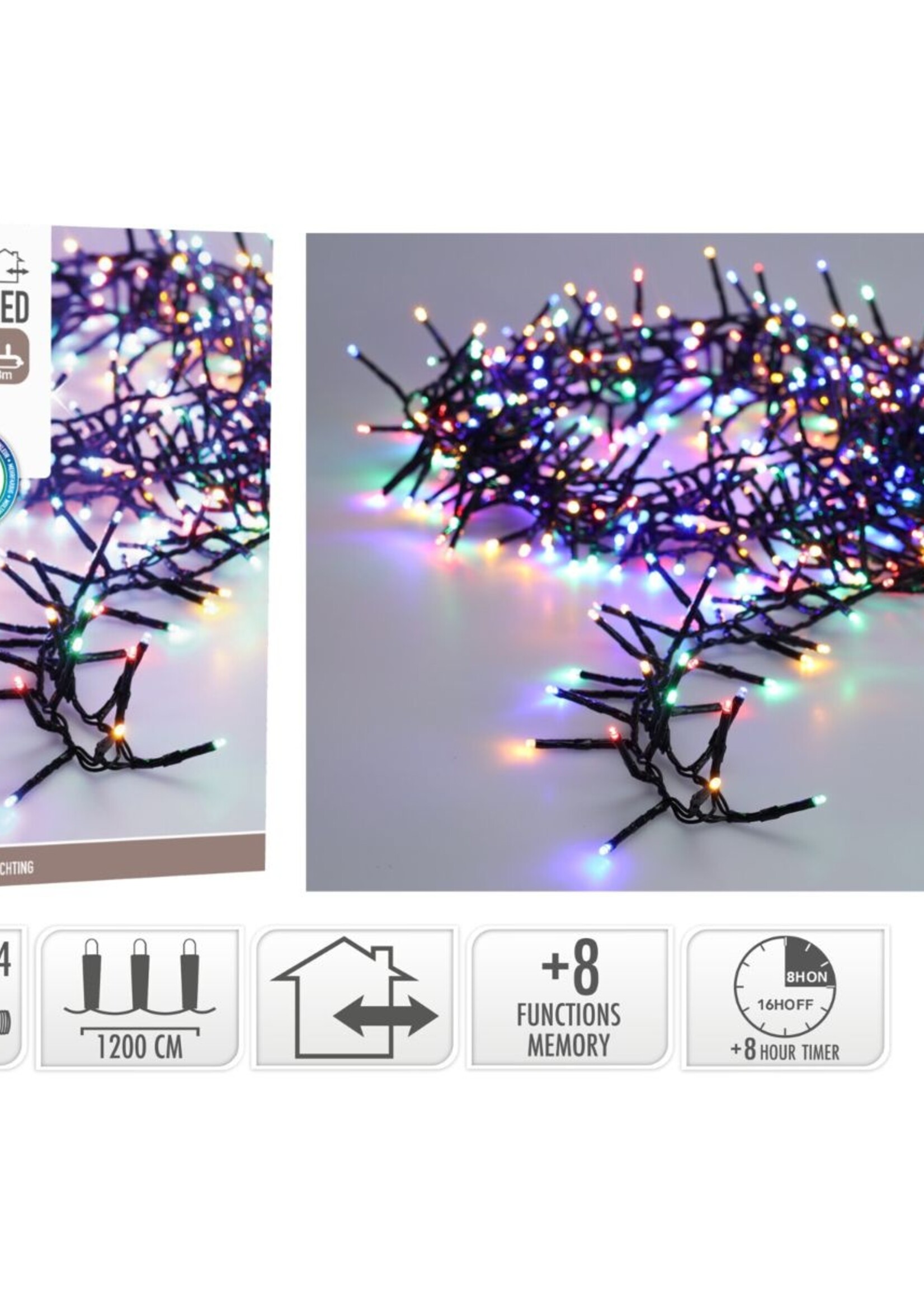 Maxi Cluster Kerstverlichting - 800 led - 12m - multicolor - Timer - Lichtfuncties - Geheugen - Buiten