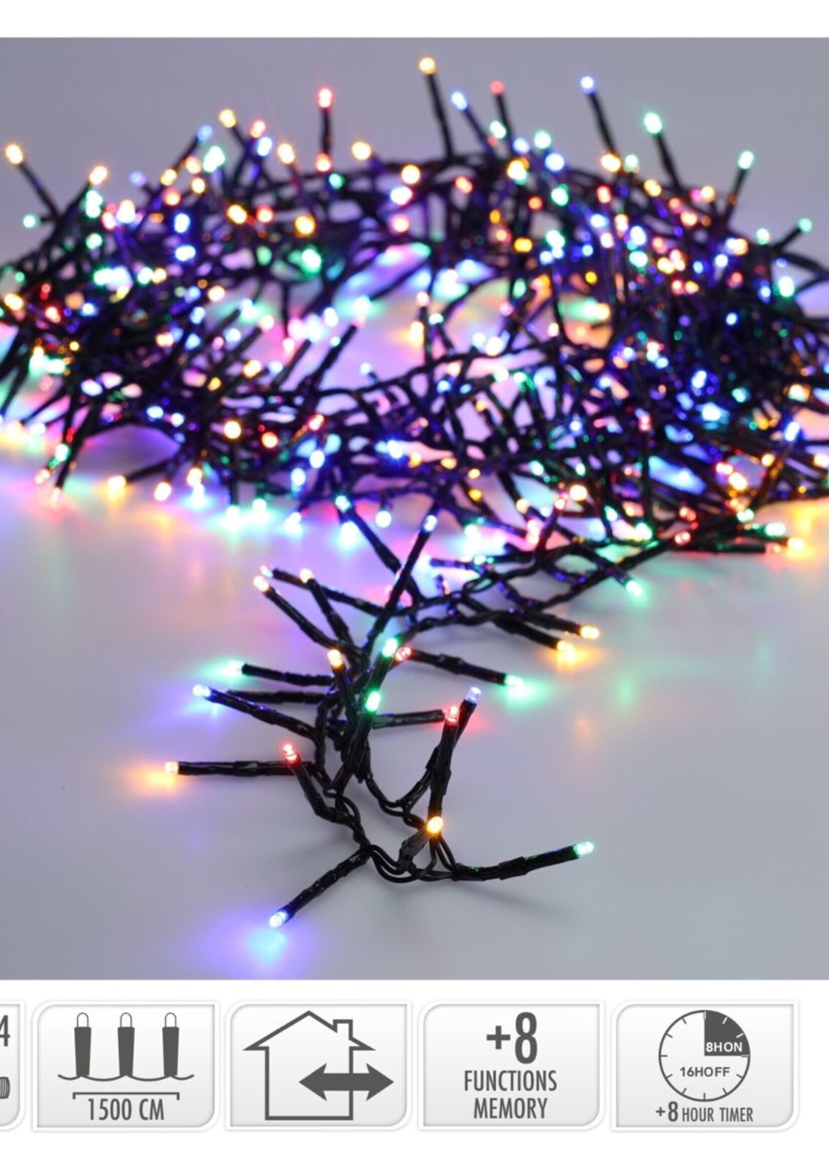 Maxi Cluster Kerstverlichting - 1000 led - 15m - multicolor - Timer - Lichtfuncties - Geheugen - Buiten