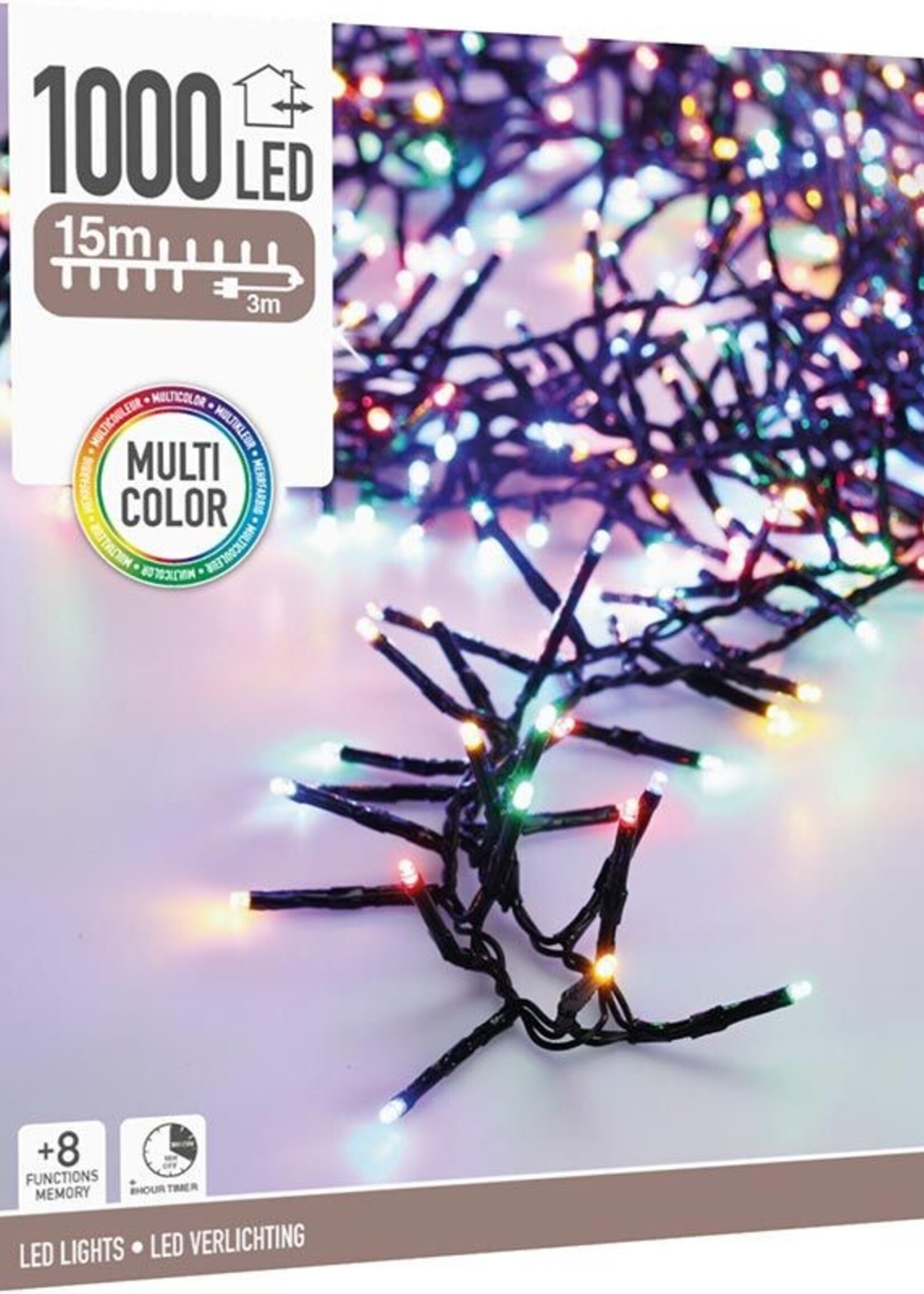 Maxi Cluster Kerstverlichting - 1000 led - 15m - multicolor - Timer - Lichtfuncties - Geheugen - Buiten