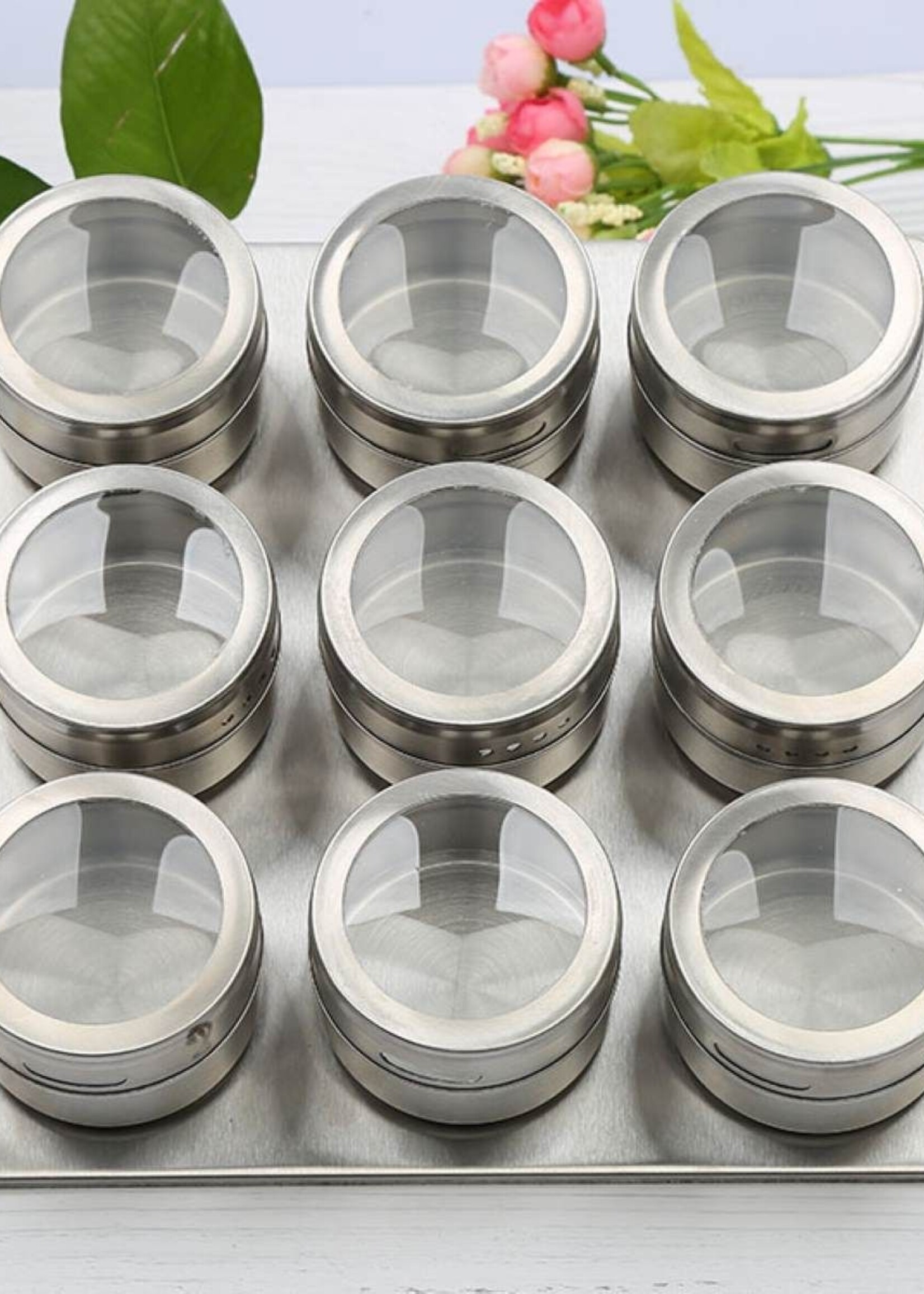 Ceruzo Kruidenrek Magnetisch - 9 RVS Kruidenpotjes