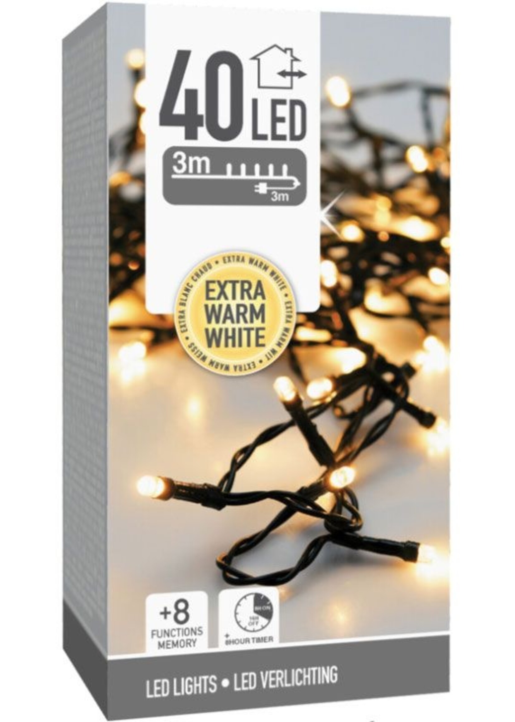 Kerstverlichting 40 led- 3m - extra warm wit - Timer - Lichtfuncties - Geheugen - Buiten