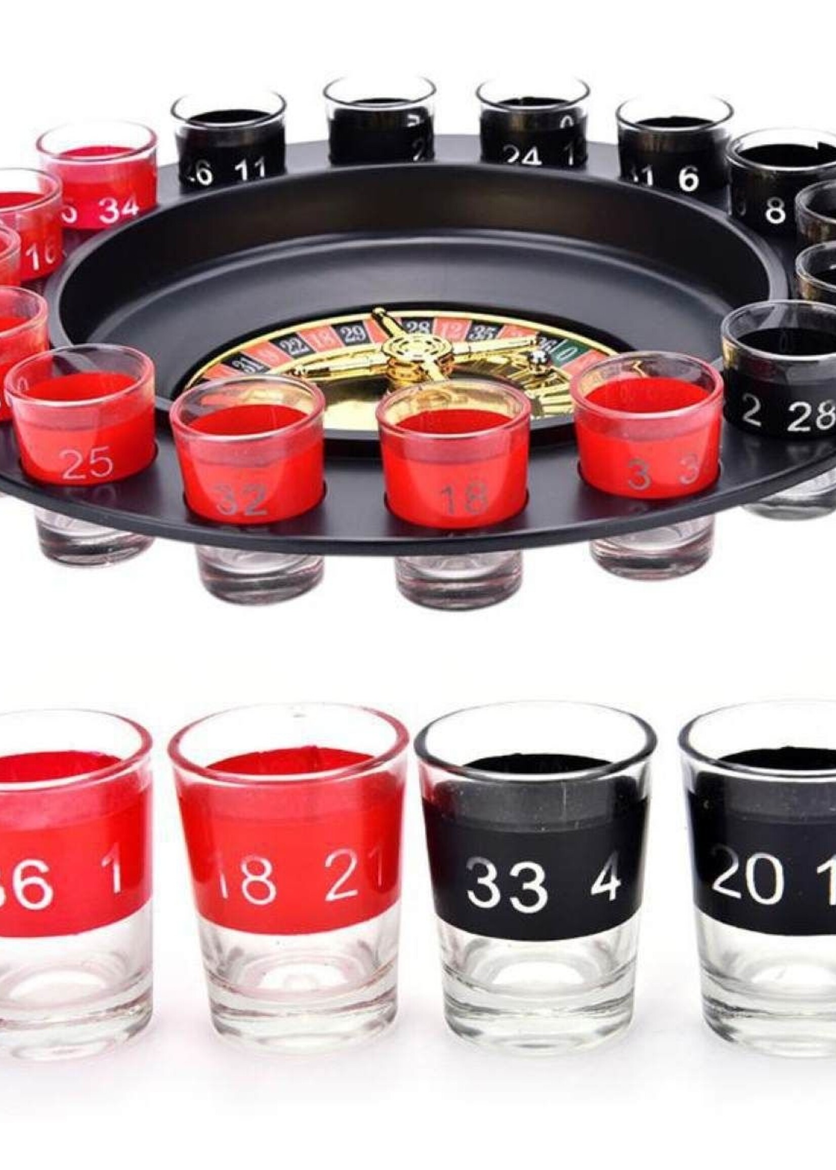 Drankspel Roulette met 16 shotglaasjes