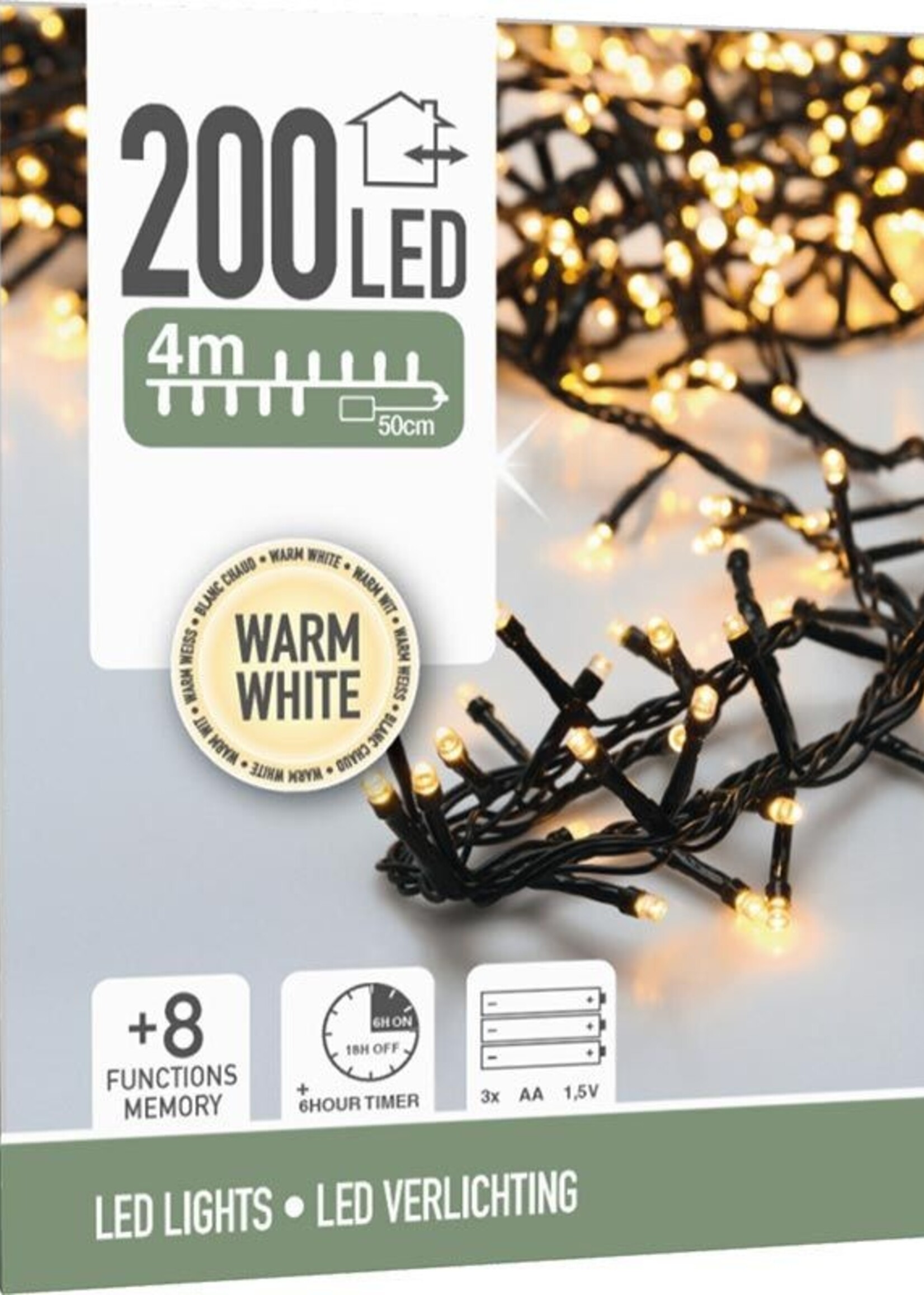Micro Cluster 200 led - 4m - warm wit - Batterij - Lichtfuncties - Geheugen - Timer