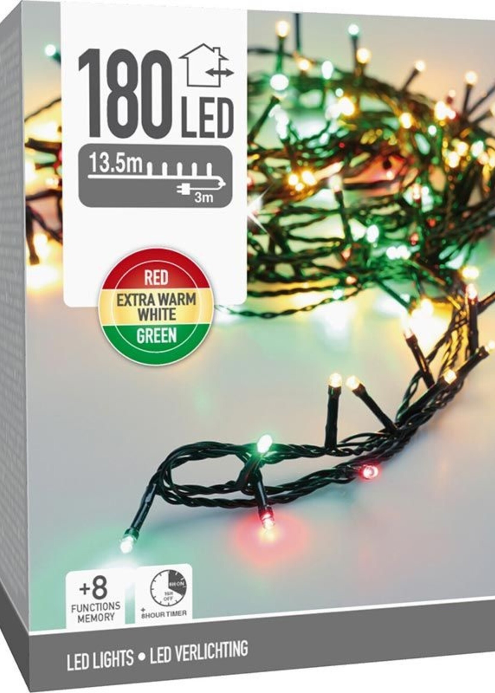 Kerstverlichting 180 led- 13.5m - three tone traditional - Timer - Lichtfuncties - Geheugen - Buiten