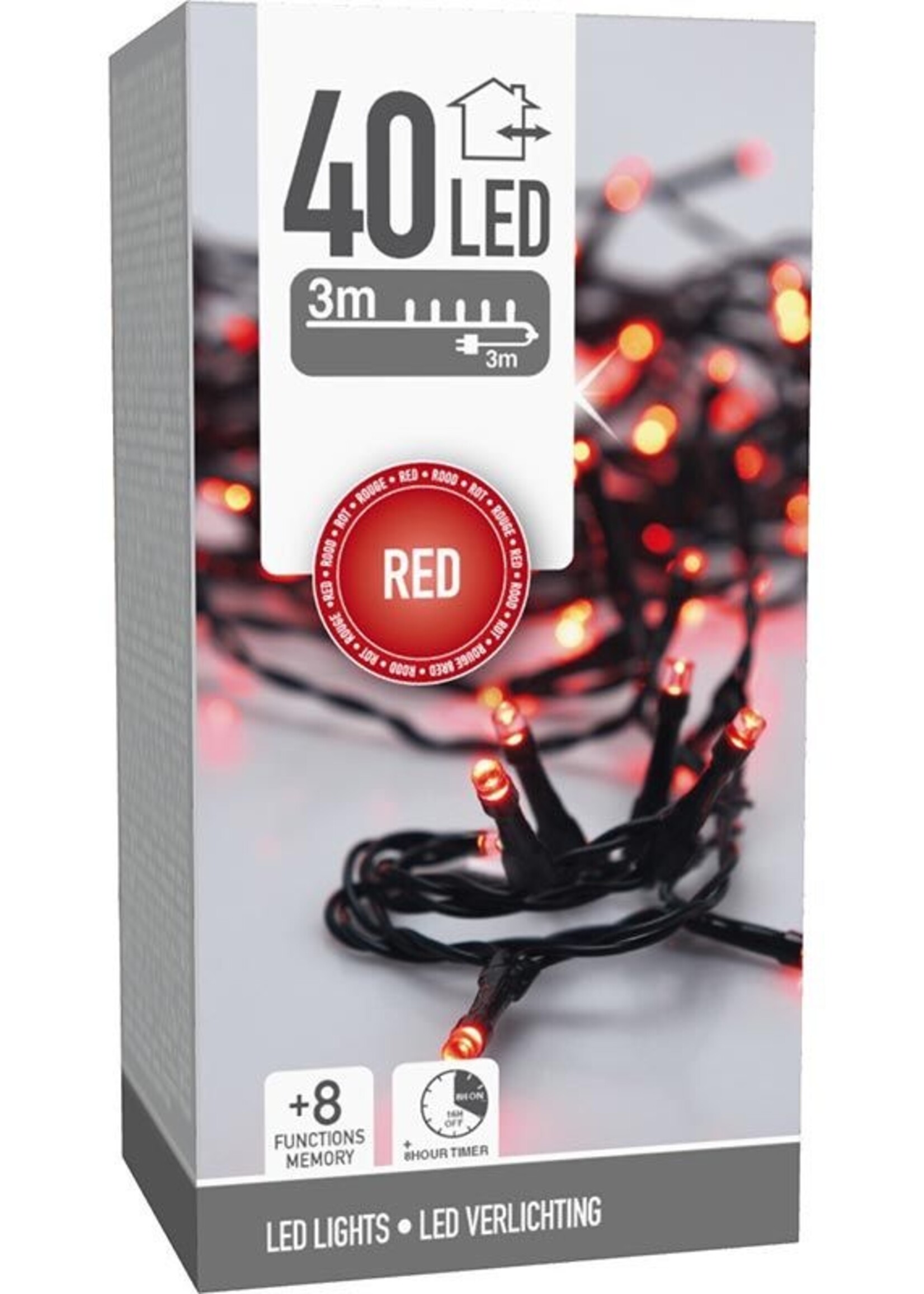 Kerstverlichting 40 led- 3m - rood - Timer - Lichtfuncties - Geheugen - Buiten