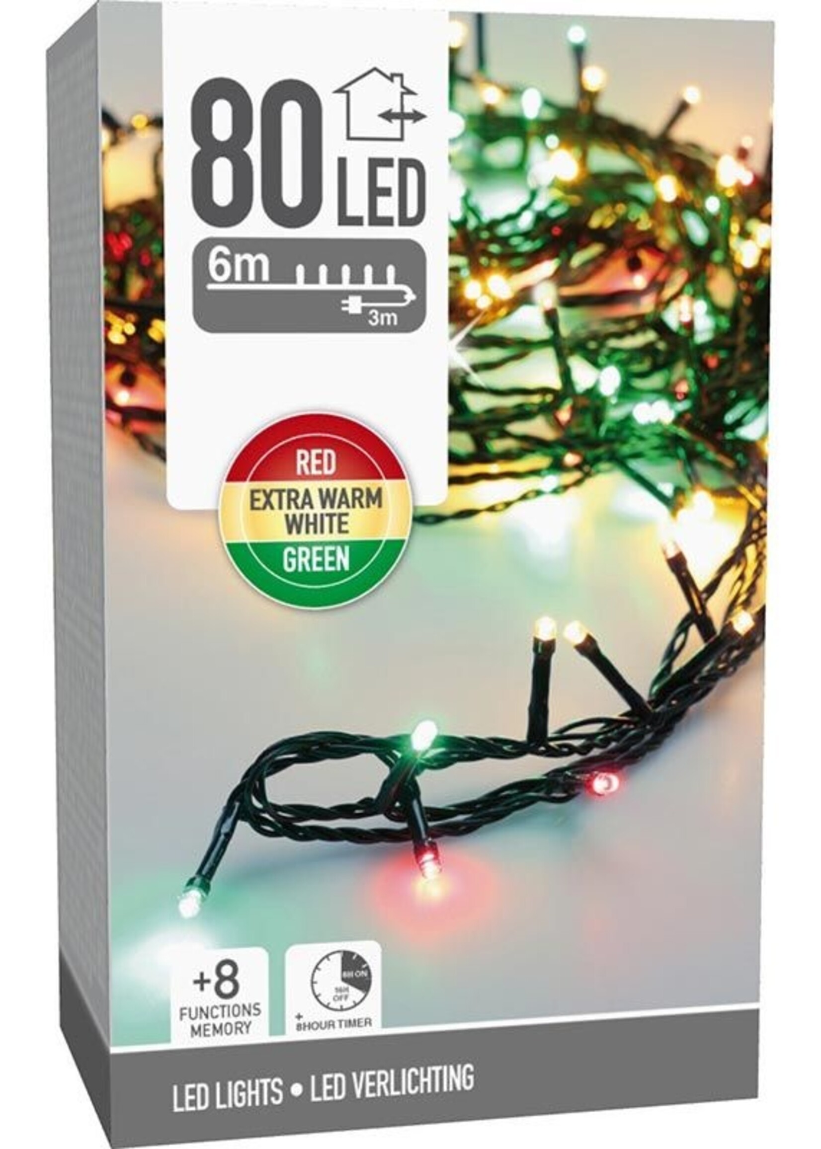 Kerstverlichting 80 led- 6m - three tone traditional - Timer - Lichtfuncties - Geheugen - Buiten