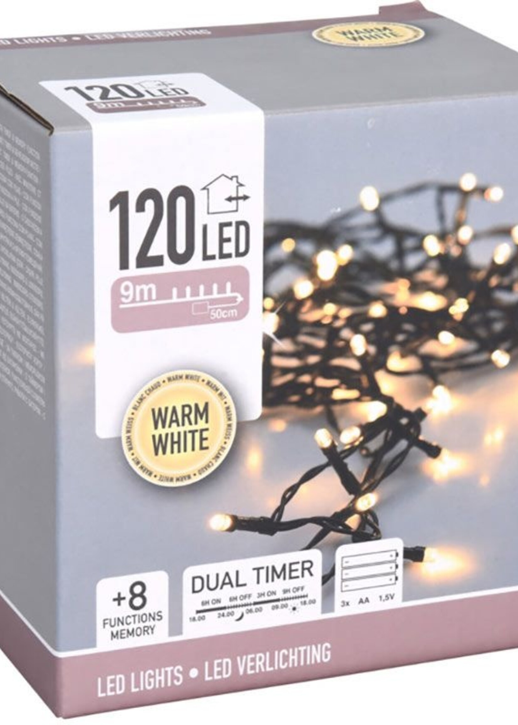 LED verlichting 120 LED - 9 meter - warm wit - Batterijbox 120 warm wit - dual-timer - geheugen en lichtfuncties