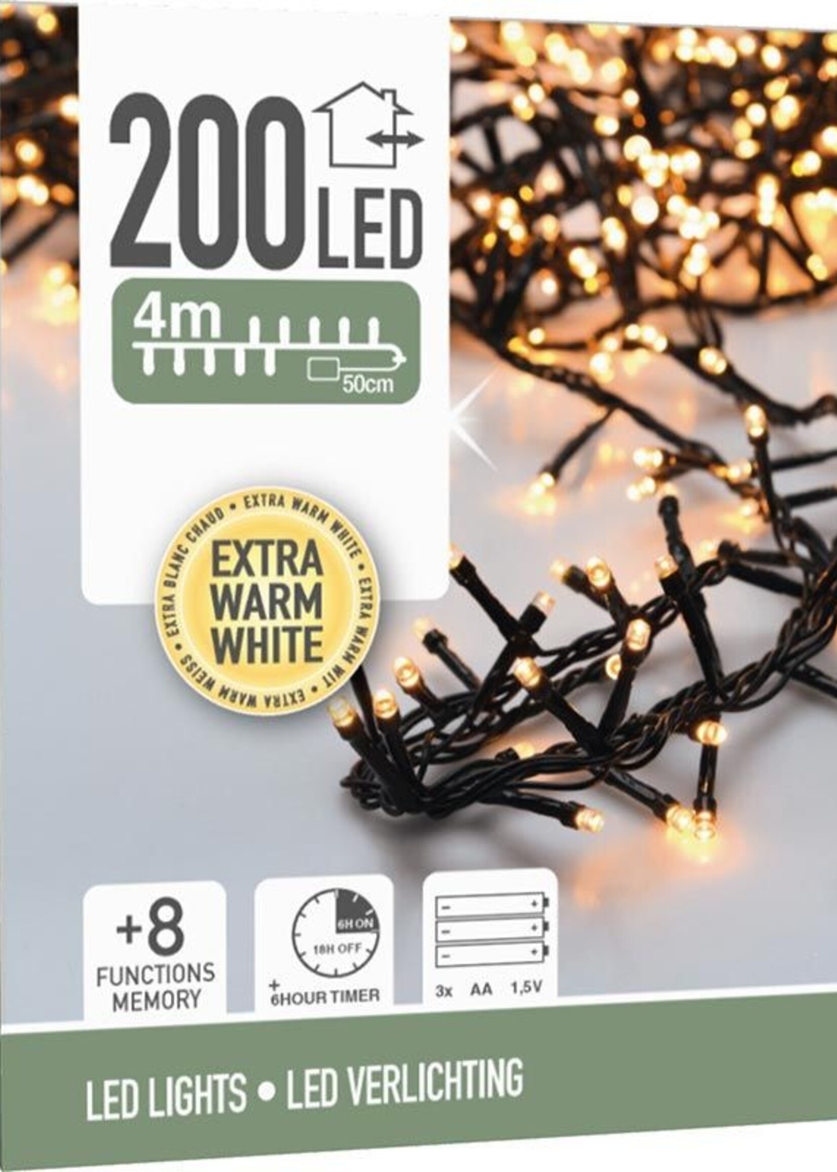 Micro Cluster 200 led - 4m - extra warm wit - Batterij - Lichtfuncties - Geheugen - Timer