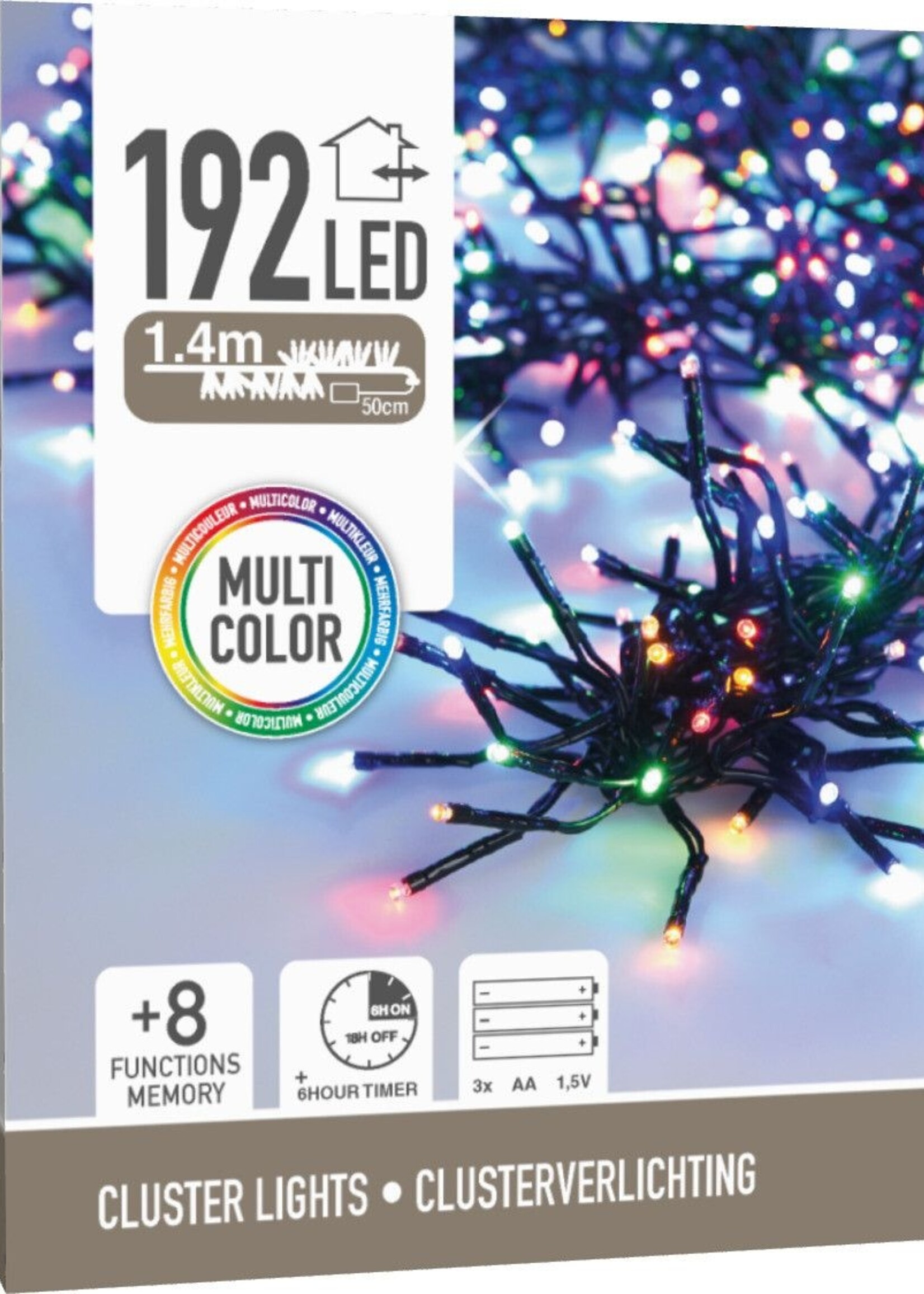 Clusterverlichting 192 led -  1.4m - multicolor - Batterij - Lichtfuncties - Geheugen - Timer