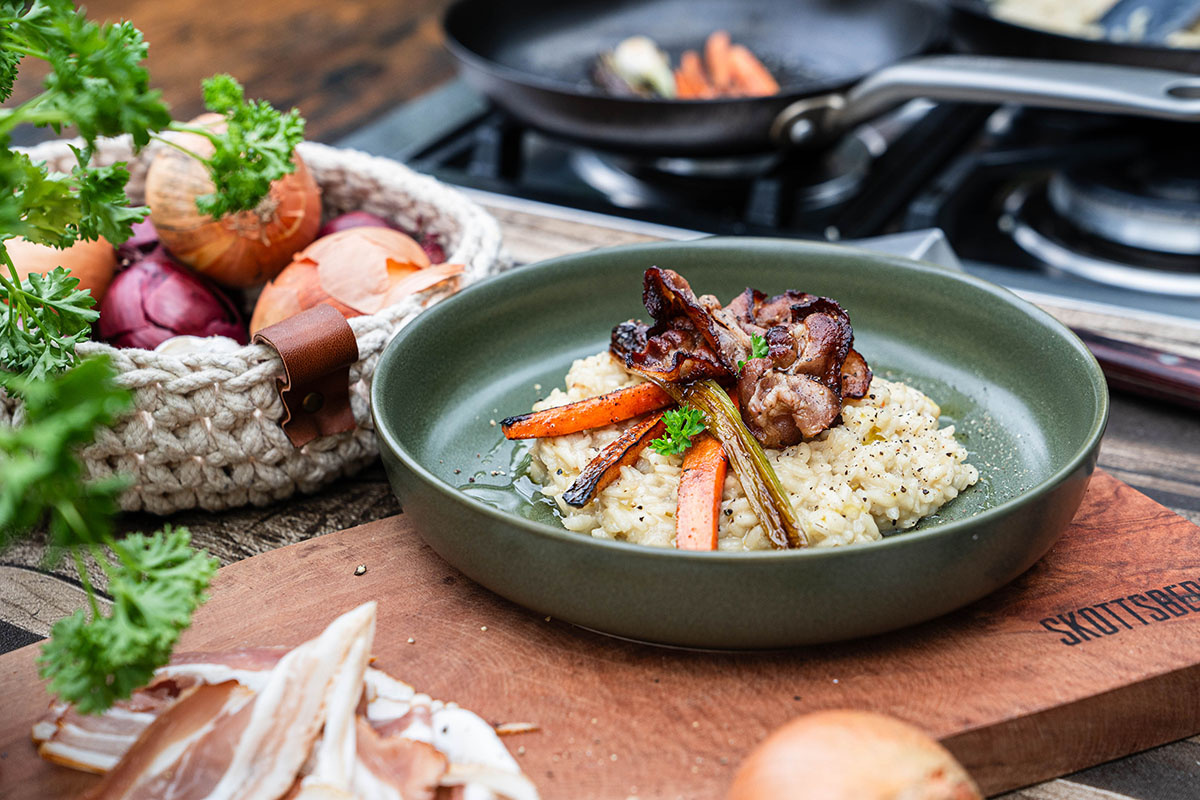 Beer risotto with roasted carrot & crispy bacon - Skottsberg