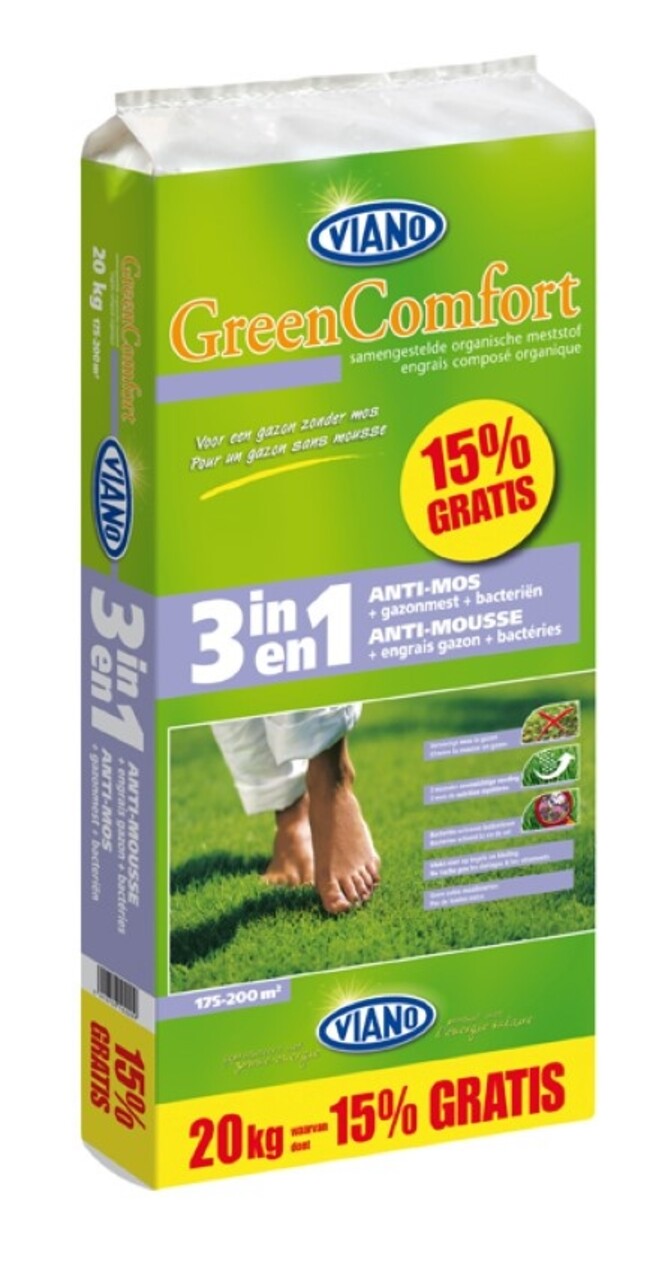 Viano Viano GreenComfort 3 in 1 (Gazonmest + Anti-Mos + Bacteriën + Magnesium) Viano Viano GreenComfort 3 in 1 (Gazonmest + Anti-Mos + Bacteriën + Magnesium)