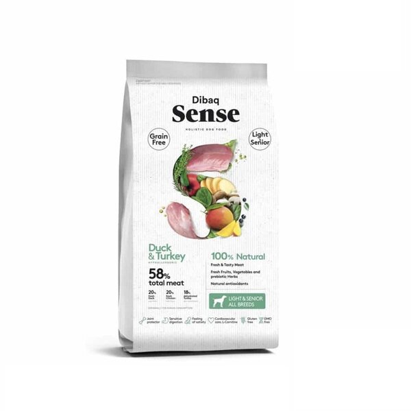 Dibaq Sense Dibaq Sense Hond Graanvrij Eend & Kalkoen Light/Senior (met Vers Vlees) Dibaq Sense Dibaq Sense Hond Graanvrij Eend & Kalkoen Light/Senior (met Vers Vlees)