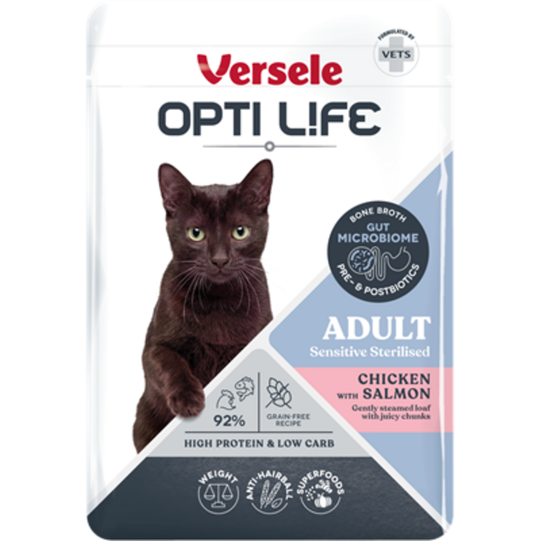 Opti Life Opti Life Kat Natvoer Adult Sterilised met Kip & Zalm (Brokjes in saus) Opti Life Opti Life Kat Natvoer Adult Sterilised met Kip & Zalm (Brokjes in saus)
