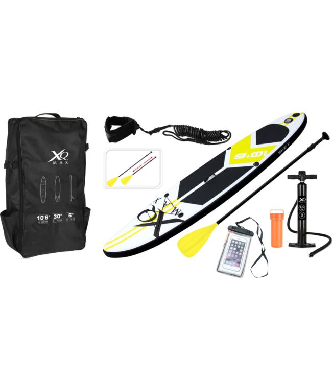 XQ Max Special Edition Sup Board Set MIT Wasserdichter Handytasche - 6-teilig - bis 150 kg - 320 cm - Aufblasbar - Gelb/Schwarz