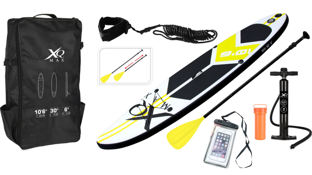 ich dich günstig Kaufen-XQ Max Special Edition Sup Board Set MIT Wasserdichter Handytasche - 6-teilig - bis 150 kg - 320 cm - Aufblasbar - Gelb/Schwarz. XQ Max Special Edition Sup Board Set MIT Wasserdichter Handytasche - 6-teilig - bis 150 kg - 320 cm - Aufblasbar - Gelb/Schwar