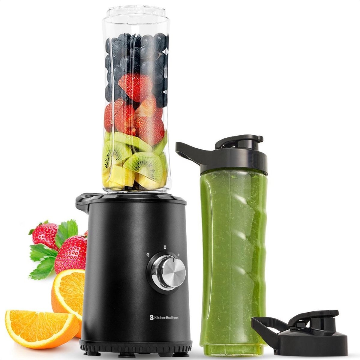 KitchenBrothers Mini-Mixer - Smoothie-Maker - 2 To-Go-Behälter - 350W - Schwarz